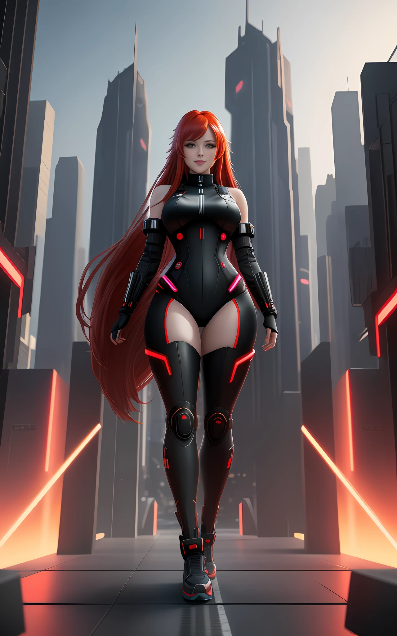 Full Body Shot of Girl, 8k, Unreal Engine 5, Anime Style, Maximum Resolution, Maximum Quality, Extremely Detailed, Best Sharpness, Futuristic City, Red Eyes, Long Red Hair, In Futuristic City, XL Bust, Futuristic Outfit tight on the body, looking at the viewers with a smile.