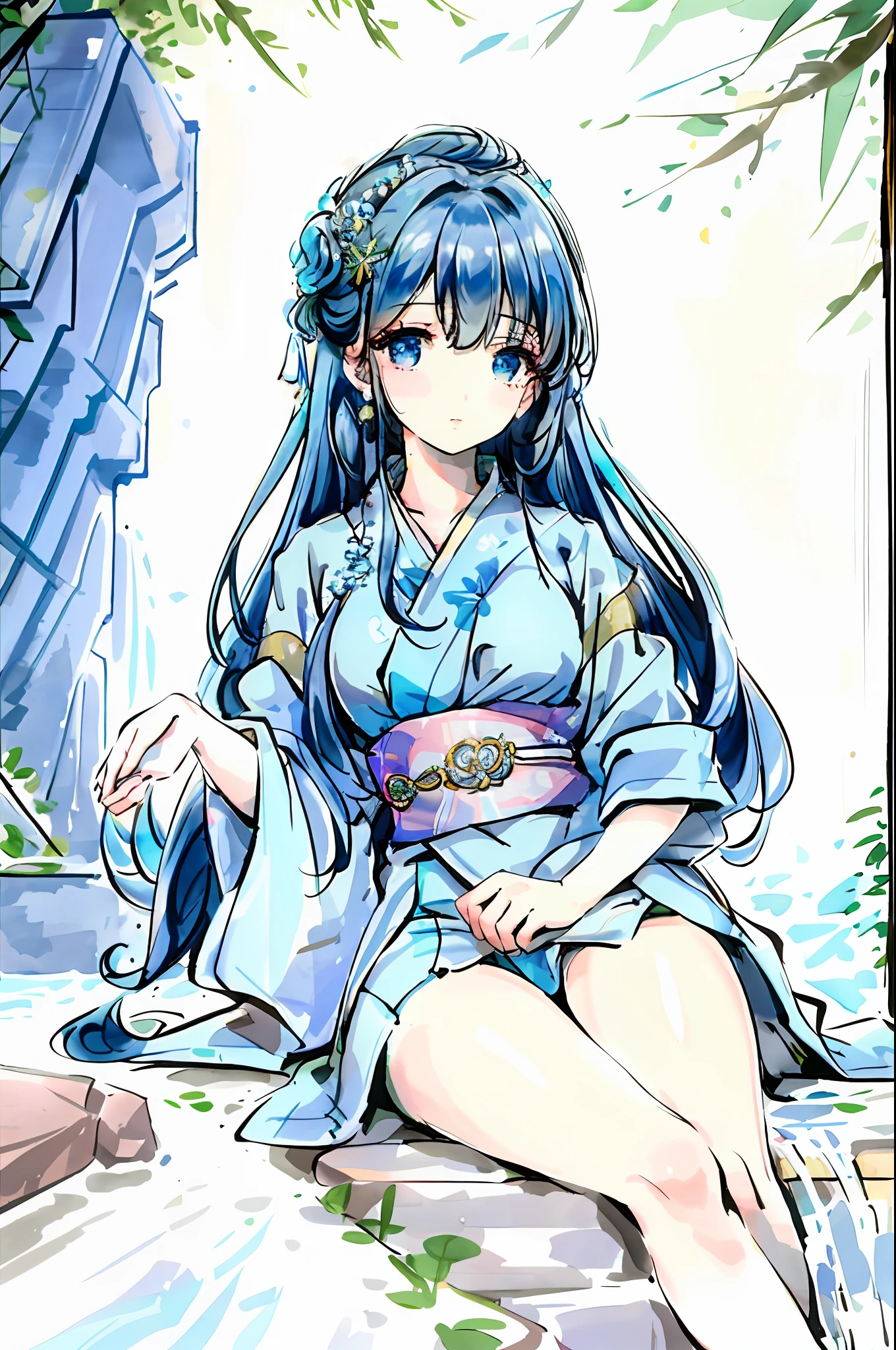 {{Best Quality}}, {{Masterpiece}}, {{Ultra Detail}}, {Illustration}, {Detailed Light}, {Extremely Delicate and Beautiful}, A Girl, {Beautiful Detail Eyes}, Stars in Eyes, Messy Floating Hair, Colored Inner Hair, Starry Sky Decorative Hair, Depth of Field, Chinese Painting, Girl in the Garden, Girl Sitting by the Pool, Sticking Her Feet into the Pool, Rockery, Waterfall and Small Trees in the background, Delicate Face, Beautiful Eyes, Girl Stretching Her Waist, Girl in Hanfu, Light Blue and White Hanfu