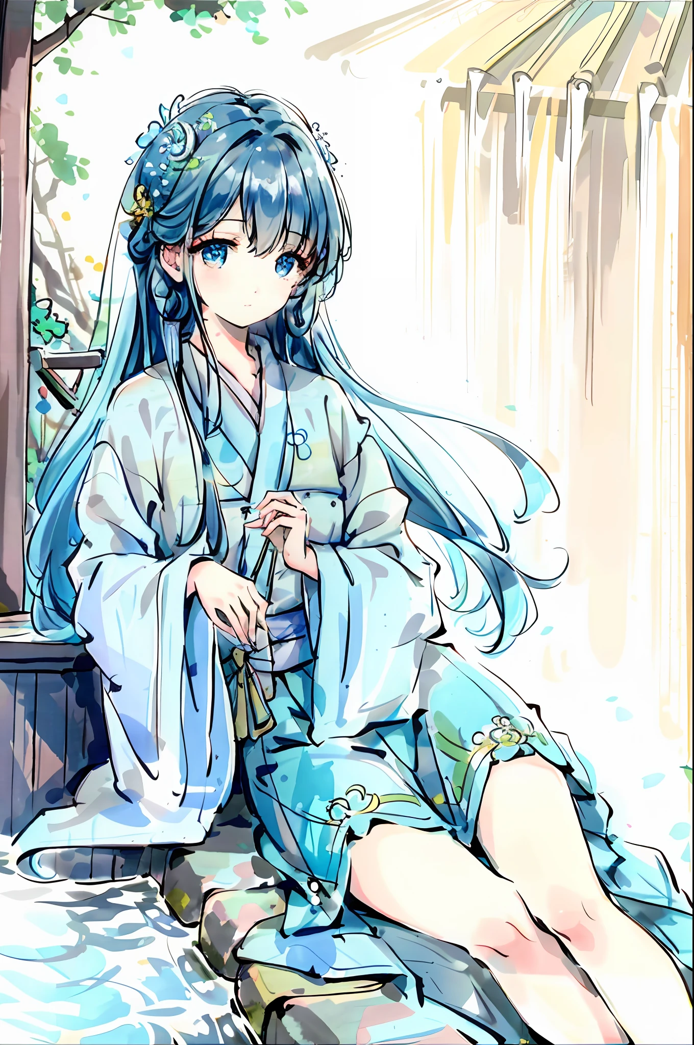 {{Best Quality}}, {{Masterpiece}}, {{Ultra Detail}}, {Illustration}, {Detailed Light}, {Extremely Delicate and Beautiful}, A Girl, {Beautiful Detail Eyes}, Stars in Eyes, Messy Floating Hair, Colored Inner Hair, Starry Sky Decorative Hair, Depth of Field, Chinese Painting, Girl in the Garden, Girl Sitting by the Pool, Sticking Her Feet into the Pool, Rockery, Waterfall and Small Trees in the background, Delicate Face, Beautiful Eyes, Girl Stretching Her Waist, Girl in Hanfu, Light Blue and White Hanfu