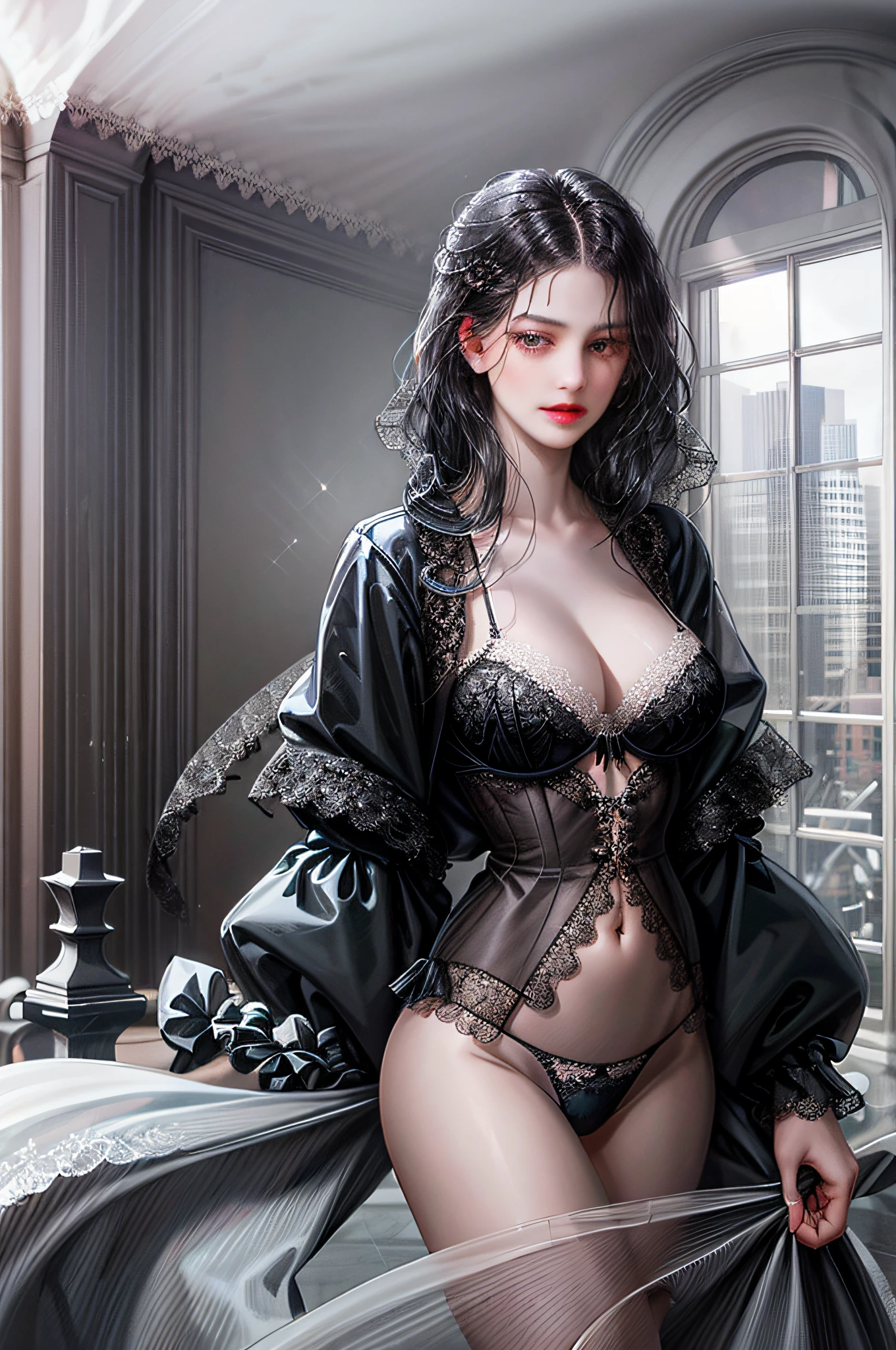 1girl, the boss of the company, long black wavy hair and gray eyes, tall, thin, sexy, contempt and arrogant and elegant, from the 21st century behind her there is a window indicating the various buildings of the city, ((white translucent jacket open front, black lace micro bra, panties)), lower body slender