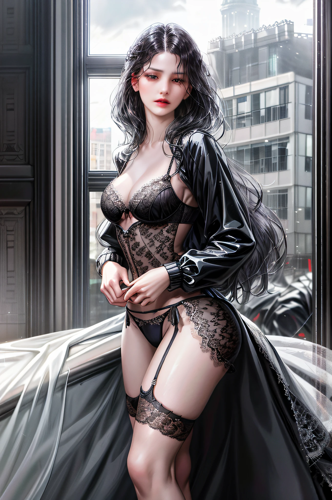1girl, the boss of the company, long black wavy hair and gray eyes, tall, thin, sexy, contempt and arrogant and elegant, from the 21st century behind her there is a window indicating the various buildings of the city, ((white translucent jacket open front, black lace micro bra, panties)), lower body slender