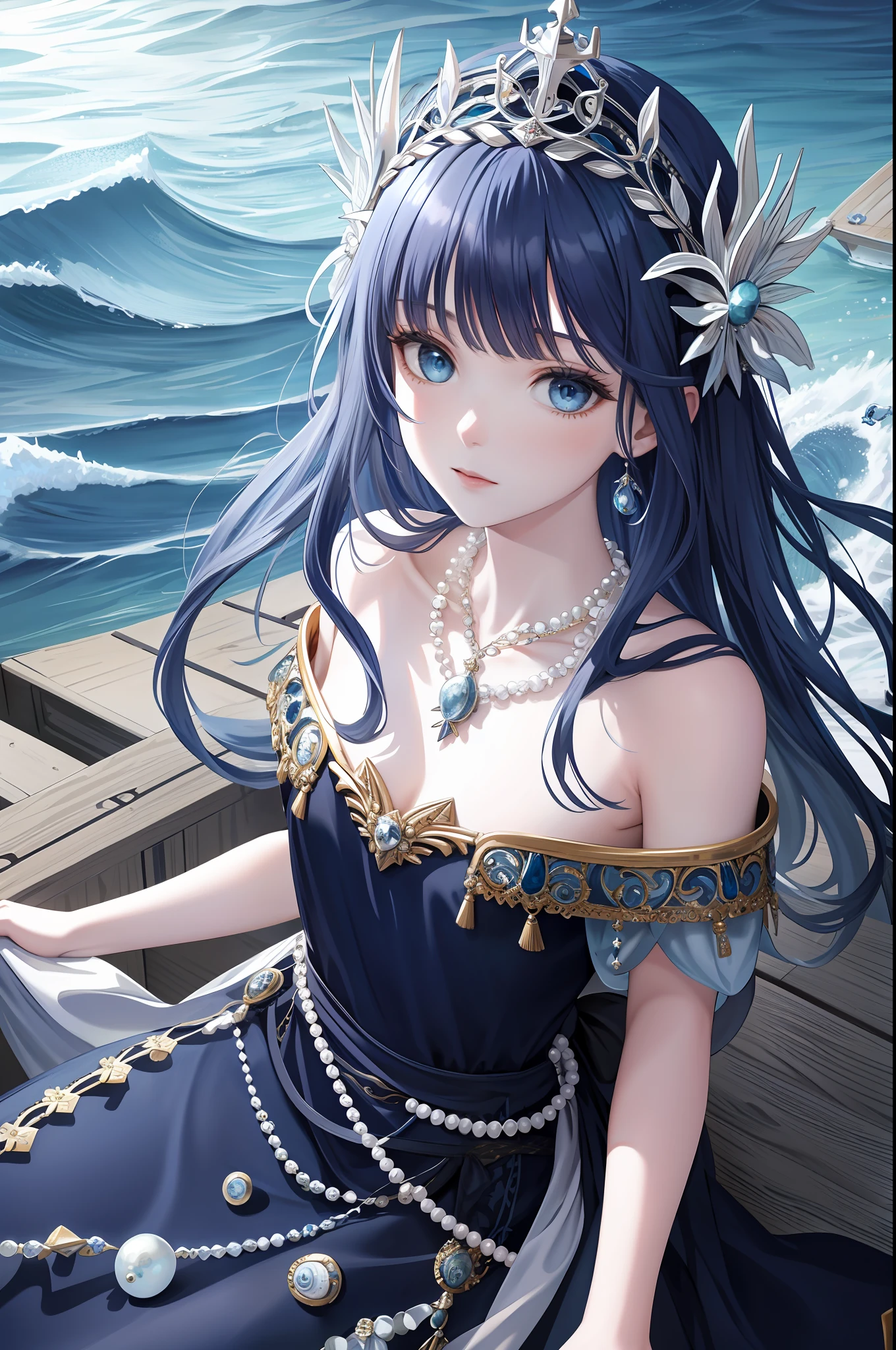 Maiden, alone, long navy blue hair, blue eyes, dress, necklace, pearl, shell, waves, ocean, sea, fish, boat, hyperdetail, best picture quality, white crown, masterpiece, superlative, headdress, hair ornament, intricate details, off-the-shoulder, fairy of the gods