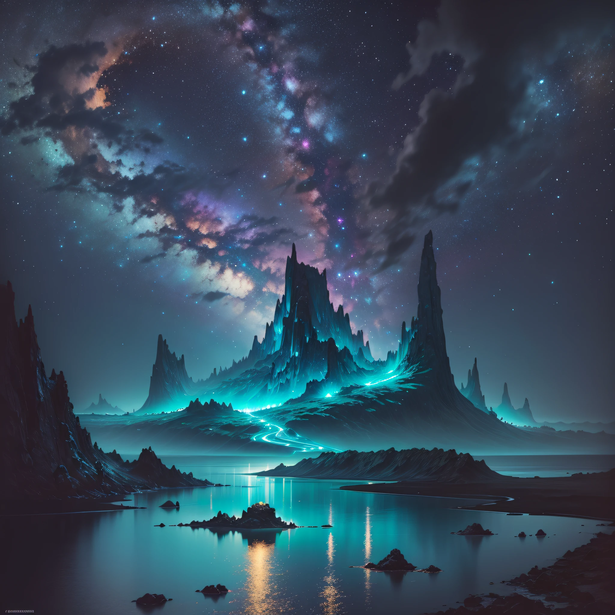 A photography showcasing an otherworldly island, illuminated by bioluminescent fireflies that make the whole place sparkle in the darkness. --auto --s2
