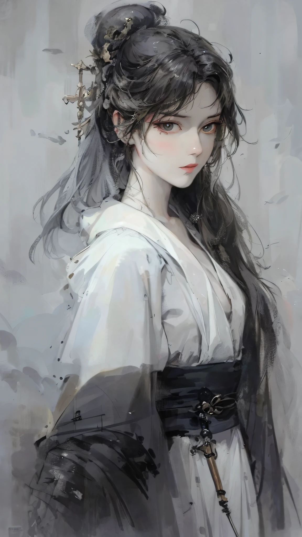 A close-up of a woman with white hair and a white mask: (masterpiece), (best quality), (ultra-detailed), (gorgeous art), (Guvez Ghibli style), (white-haired god), (Yang J), (epic figure art), stunning figure painting. (Fan Qi), (Wu Jun Shifan), (Guviz) on the pixiv site.