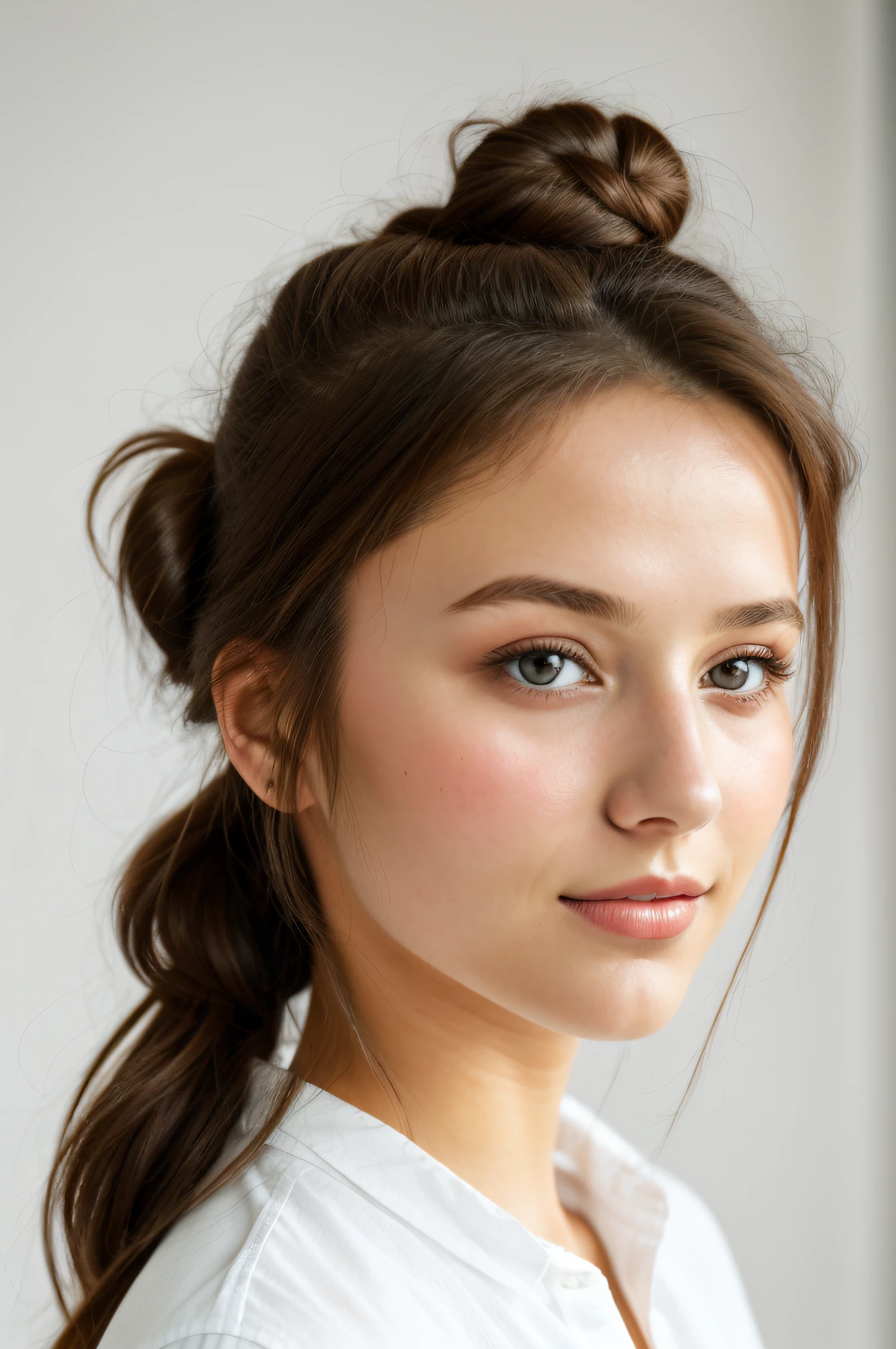 portrait, 20yo brunette german girl, sultry flirty look, wearing a white shirt, messy bun, 8k, best quality, masterpiece, (looking into camera:1.3), photograph, (beautiful)