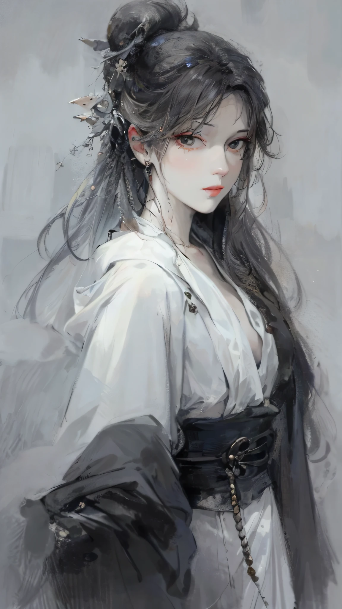 A close-up of a woman with white hair and a white mask: (masterpiece), (best quality), (ultra-detailed), (gorgeous art), (Guvez Ghibli style), (white-haired god), (Yang J), (epic figure art), stunning figure painting. (Fan Qi), (Wu Jun Shifan), (Guviz) on the pixiv site.