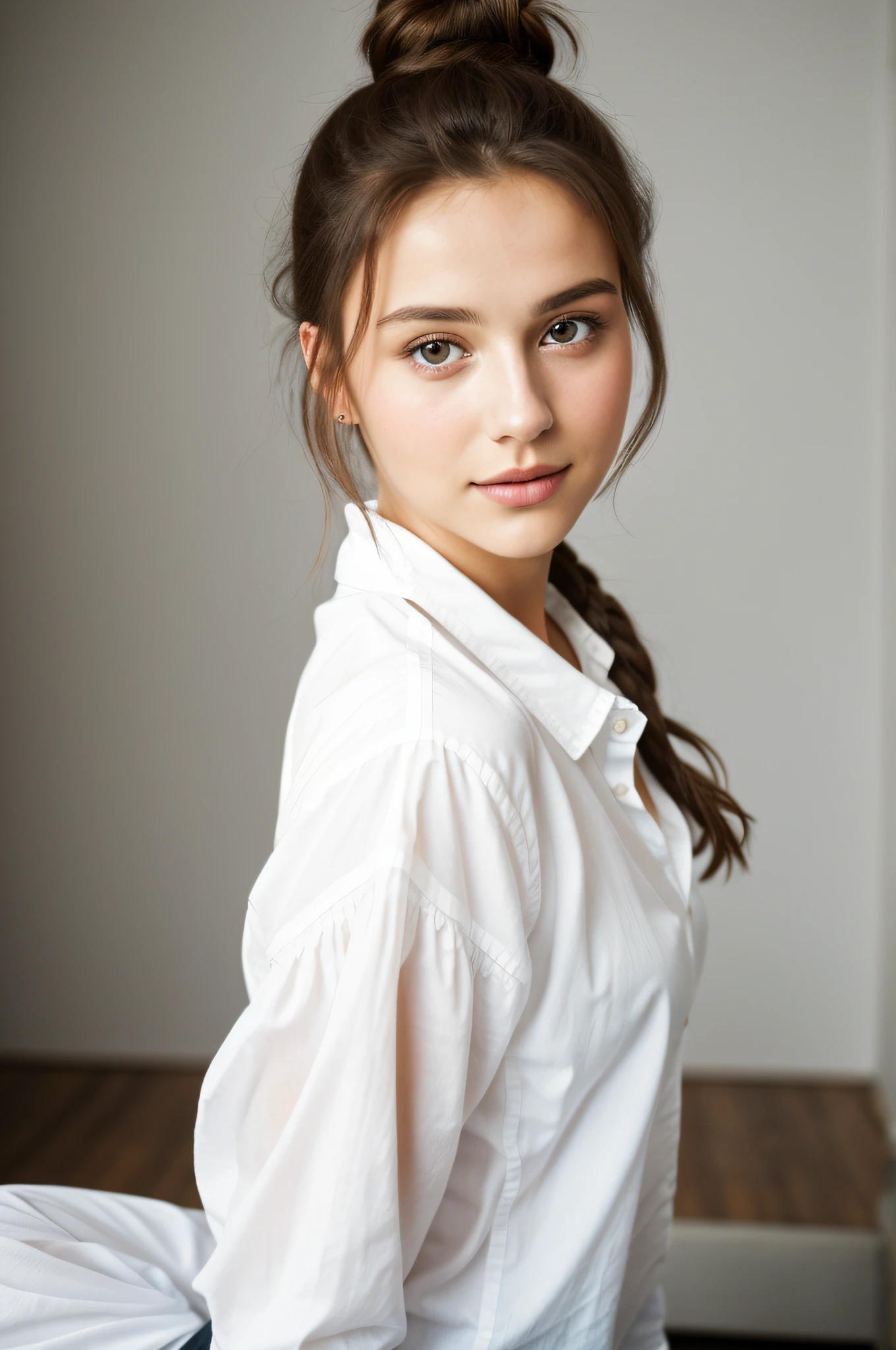 portrait, 20yo brunette german girl, sultry flirty look, wearing a white shirt, messy bun, 8k, best quality, masterpiece, (looking into camera:1.3), photograph, (beautiful)