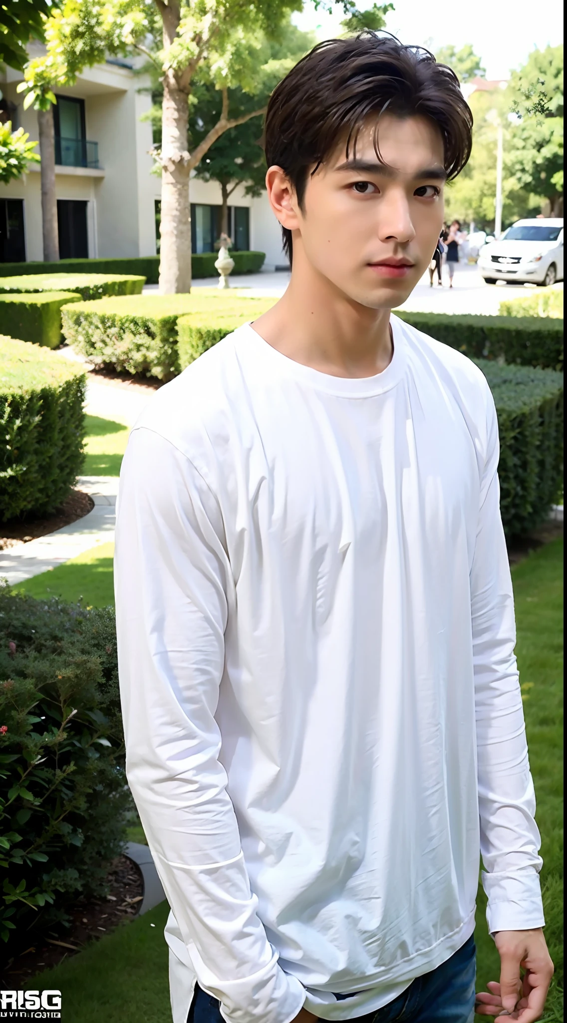 Best Quality, Ultra High Resolution, (Realistic:1.4), Masterpiece, Blurred Background ,Muscle, Solo, 1 Boy, Young Man , Standing, White Skin, White T-Shirt, Assuming, Looking at the Viewer , Facial Focus,