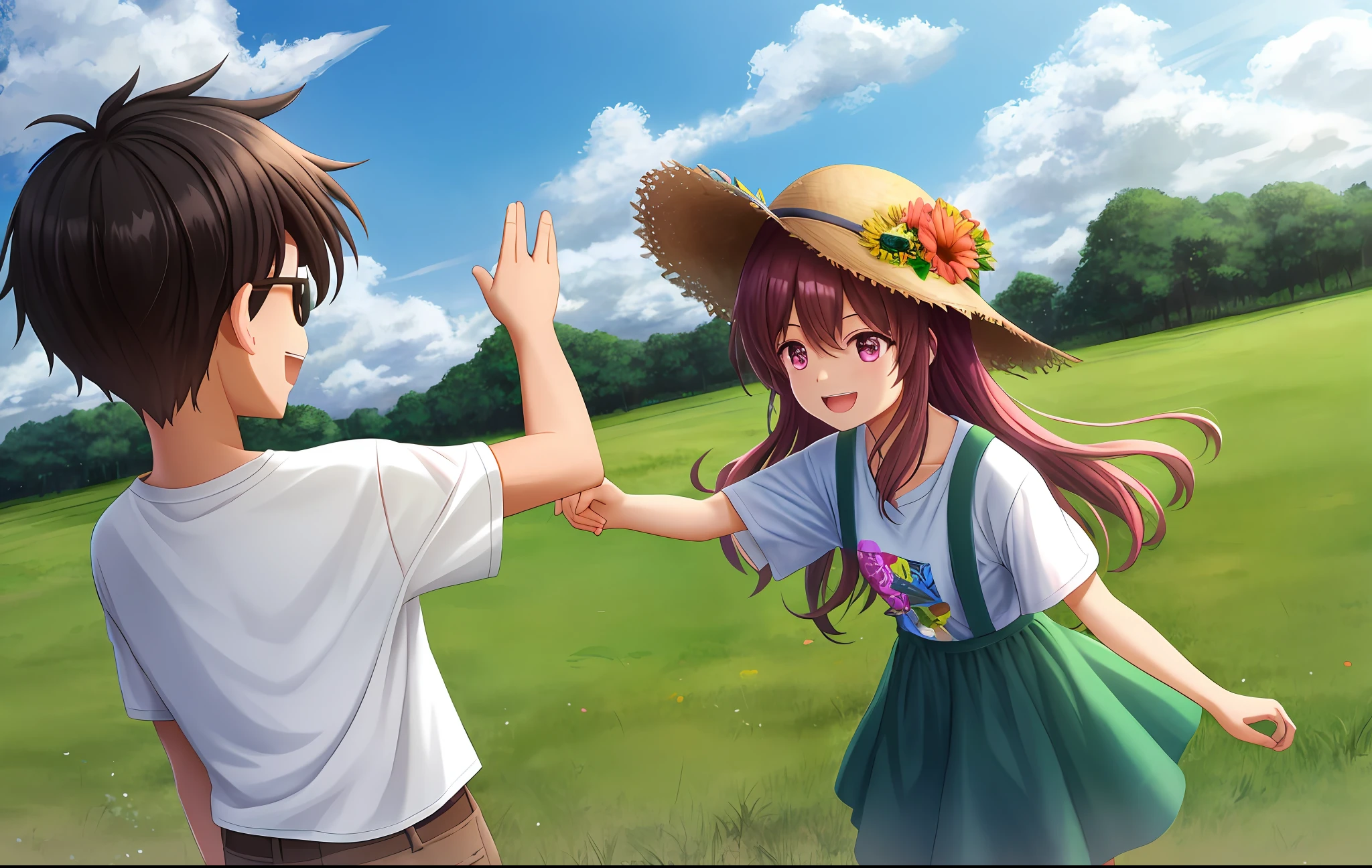 In the wide grasslands, boys and girls frolic together. The boy wears a green hat, cool sunglasses, and a white T-shirt, with his pants rolled up to reveal socks. The girl wears a pink headband and a dress printed with small flowers, which looks very cute. With their backs against the grassland, under the magnificent sky, they played happily with happy smiles on their faces.
