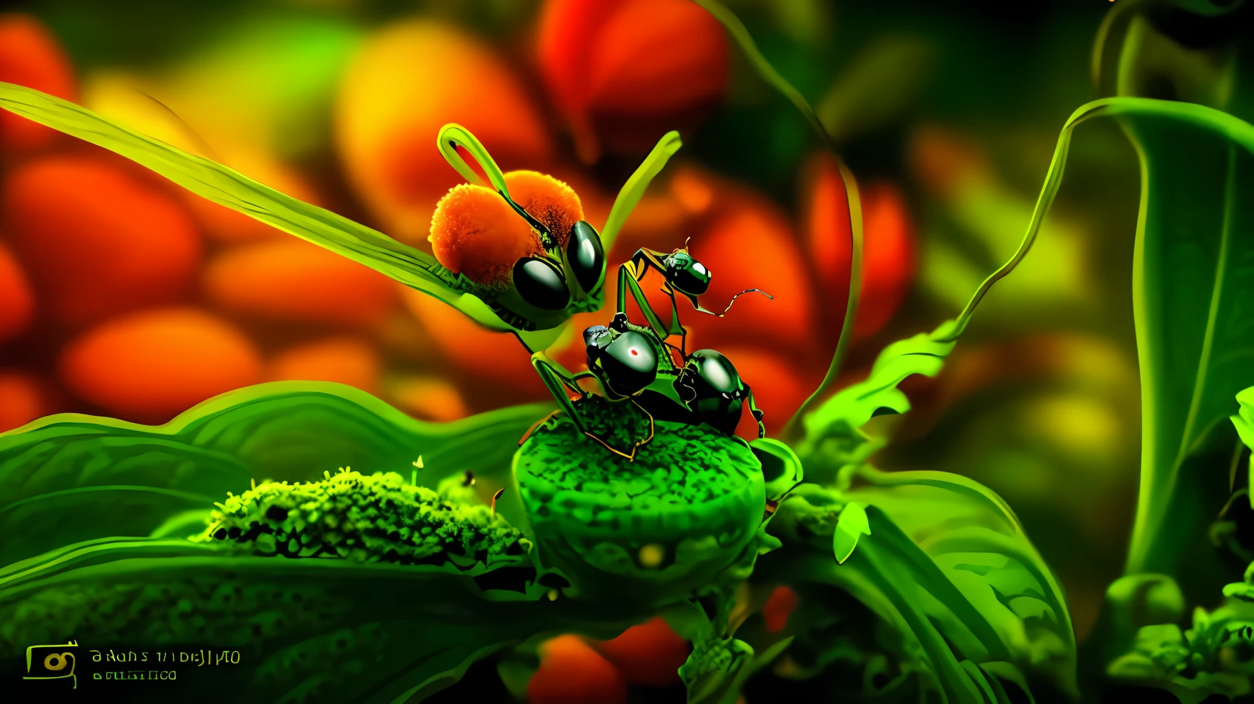 there is a bug that is sitting on a plant with a green leaf, ant alien, ant life, ant perspective, ants, ant, monstrous ant, ant view, ant humanoid, artistic render, macro photo, diorama macro photography, looming over ant pov, cg art, smart ants, photoreal”, macro art, alien fauna, photorealistic illustration