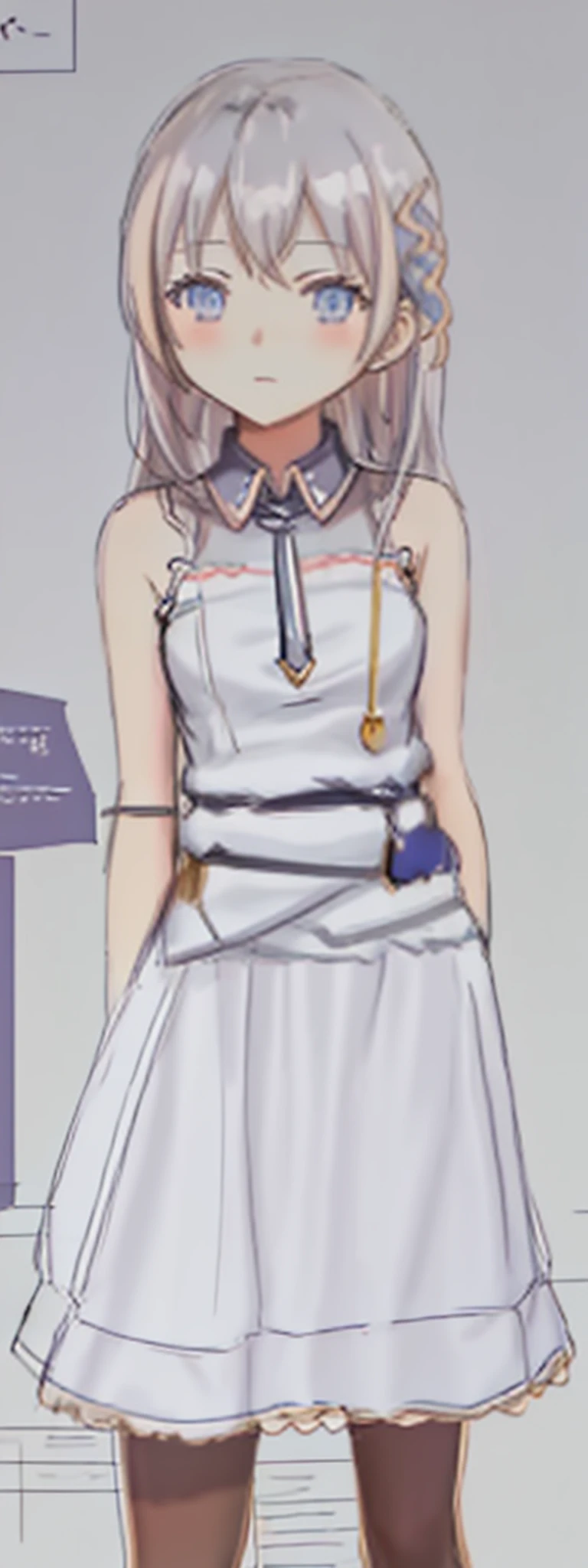Anime girl standing in front of wall in short skirt, clear costume design, sketch, costume design, in dress, clothing concept, full body details, fashion concept art, soft silhouette, detailed fashion illustration, line sketch, very detailed and rich clothing, fashion research, detailed clothes, line sketch!!, detailed full body concept, women's clothing