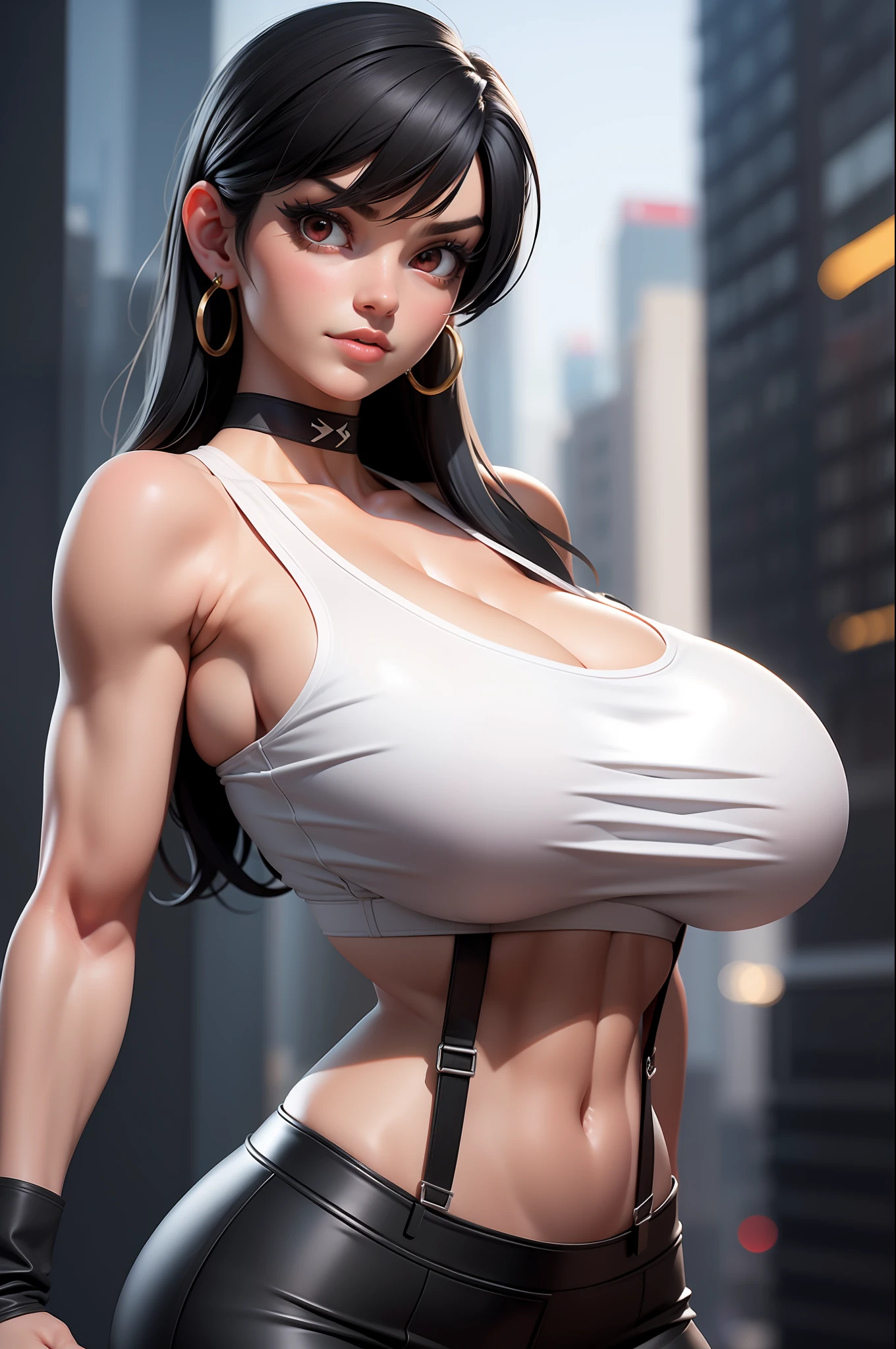 masterpiece, best quality,3d rending work ,3DMM style,close-up, 3D,1girl, solo, black hair, teardropshaped earrings, realistic, upper body, urban city background, bangs, long straight black hair, parted lips, choker, makeup, (white sports bra:1.3), red eyes, tifa lockhart, (huge breasts:1.5) enormous droopy breasts, macromastia, cleavage, exposed stomach, toned abs, toned arms, (black miniskirt1.2) suspenders