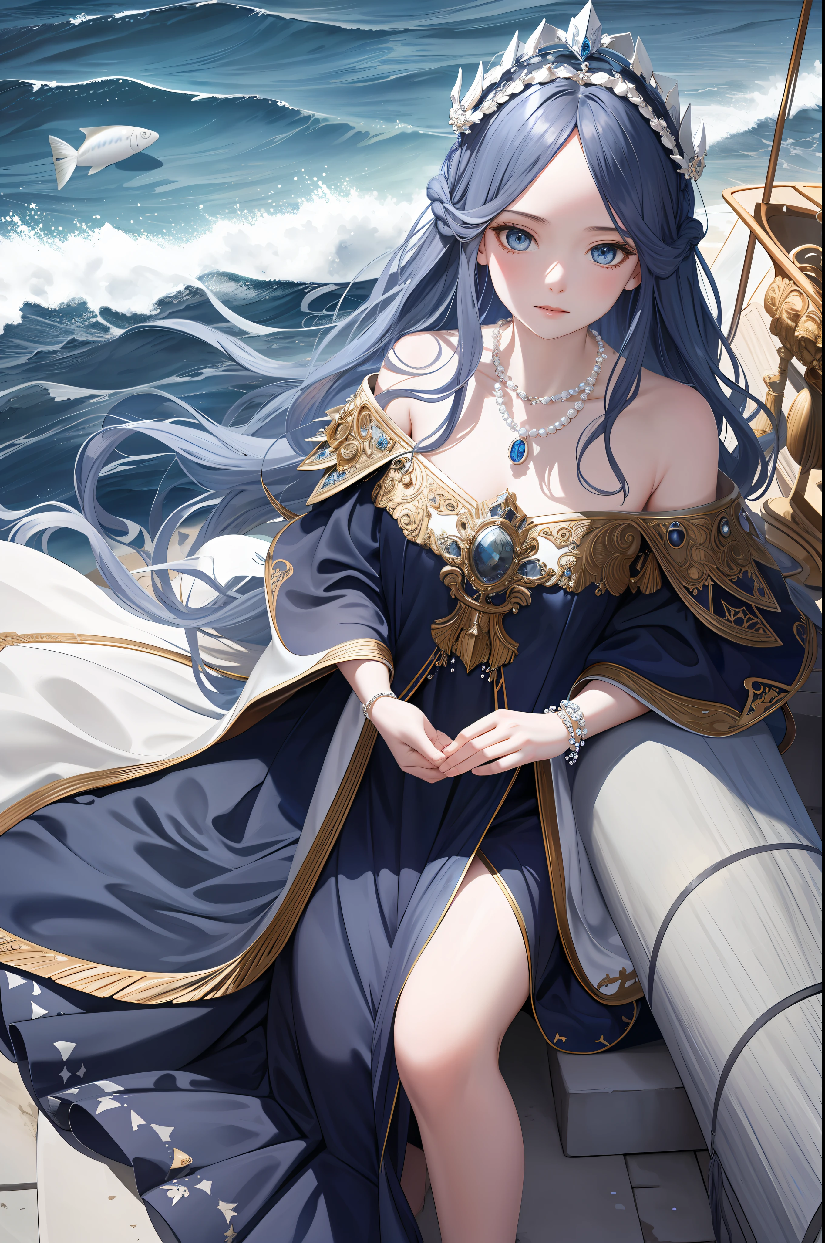 Maiden, alone, long navy blue hair, blue eyes, dress, necklace, pearl, shell, waves, ocean, sea, fish, boat, hyperdetail, best picture quality, white crown, masterpiece, superlative, headdress, hair ornament, intricate details, off-the-shoulder, fairy of the gods