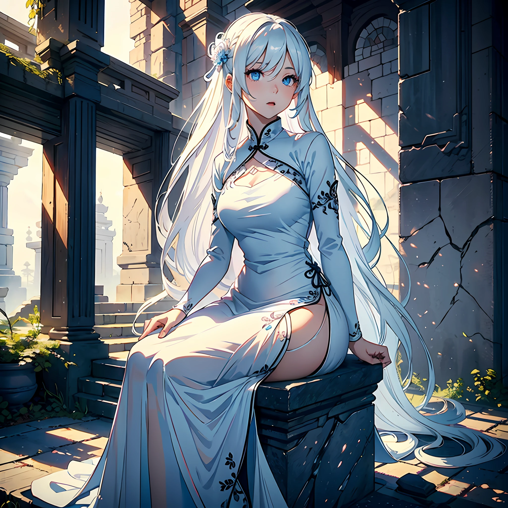 (Masterpiece, best quality: 1.2), very delicate and beautiful, best lighting, best shadow, (long white hair 1.5), ((a 30-year-old woman 1.8)), ancient Chinese dress, ((white long dress 1.5)), trapped in a stone, sitting, blue eyes, night, wilderness 1.5, surprised expression, open mouth, (extremely precise), (mysterious), half body,