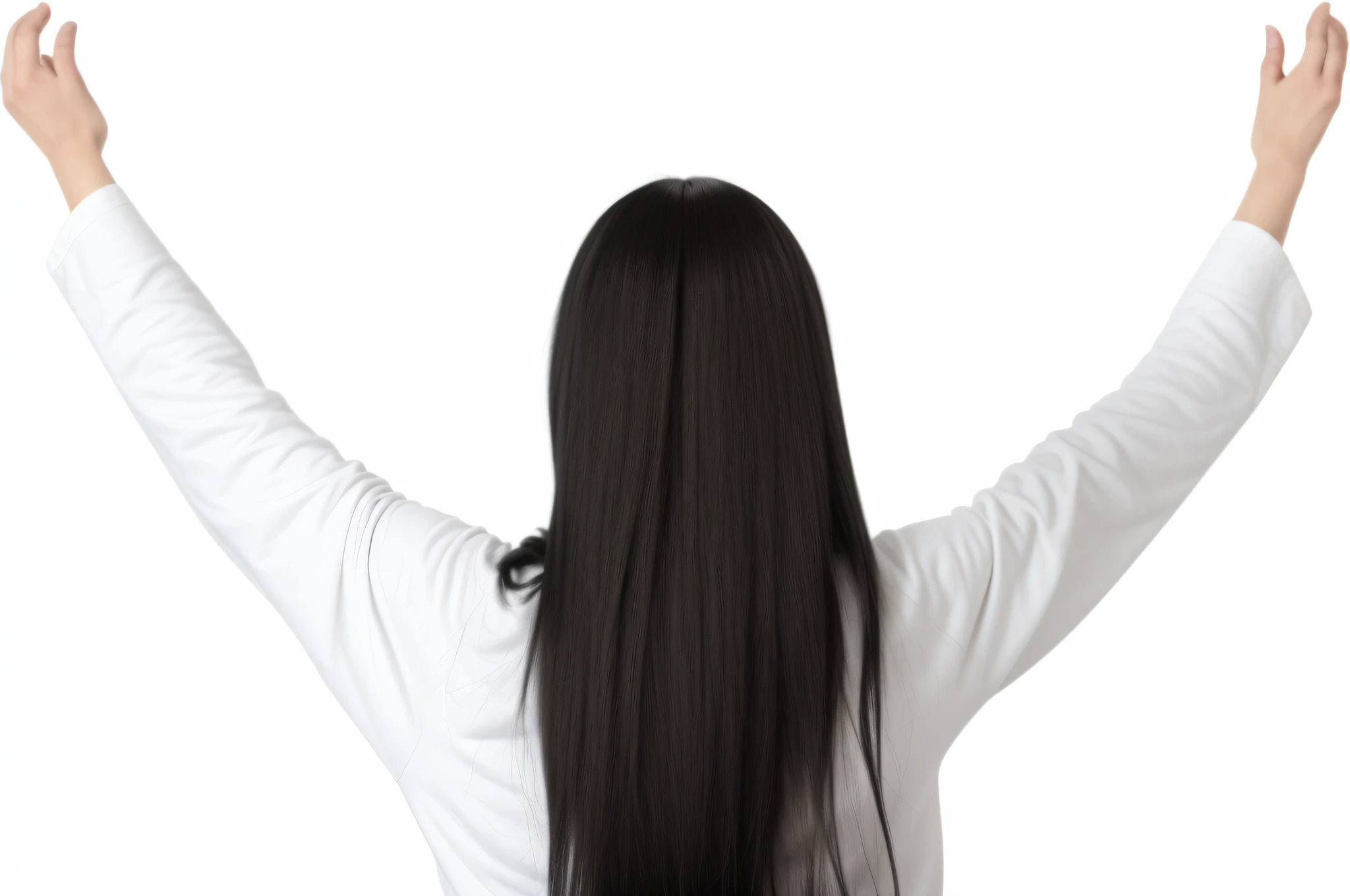 woman with long black hair raising her arms in the air, female with long black hair, the woman has long dark hair, pictured from the shoulders up, long free black straight hair, woman with black hair, stands in center with open arms, with arms up, facing away from camera, facing away from the camera, back facing the camera, arms stretched out