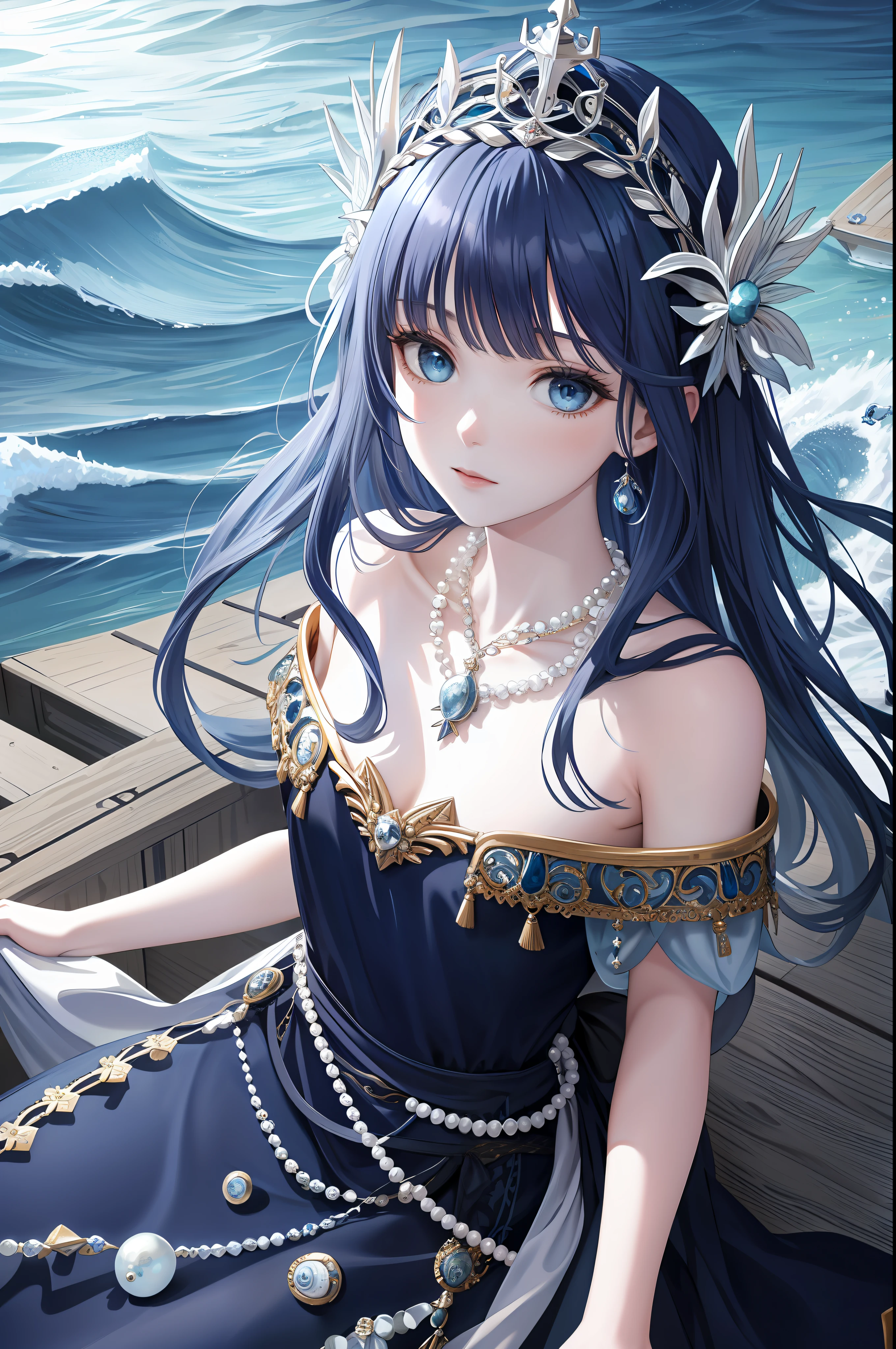 Maiden, alone, long navy blue hair, blue eyes, dress, necklace, pearl, shell, waves, ocean, sea, fish, boat, hyperdetail, best picture quality, white crown, masterpiece, superlative, headdress, hair ornament, intricate details, off-the-shoulder, fairy of the gods