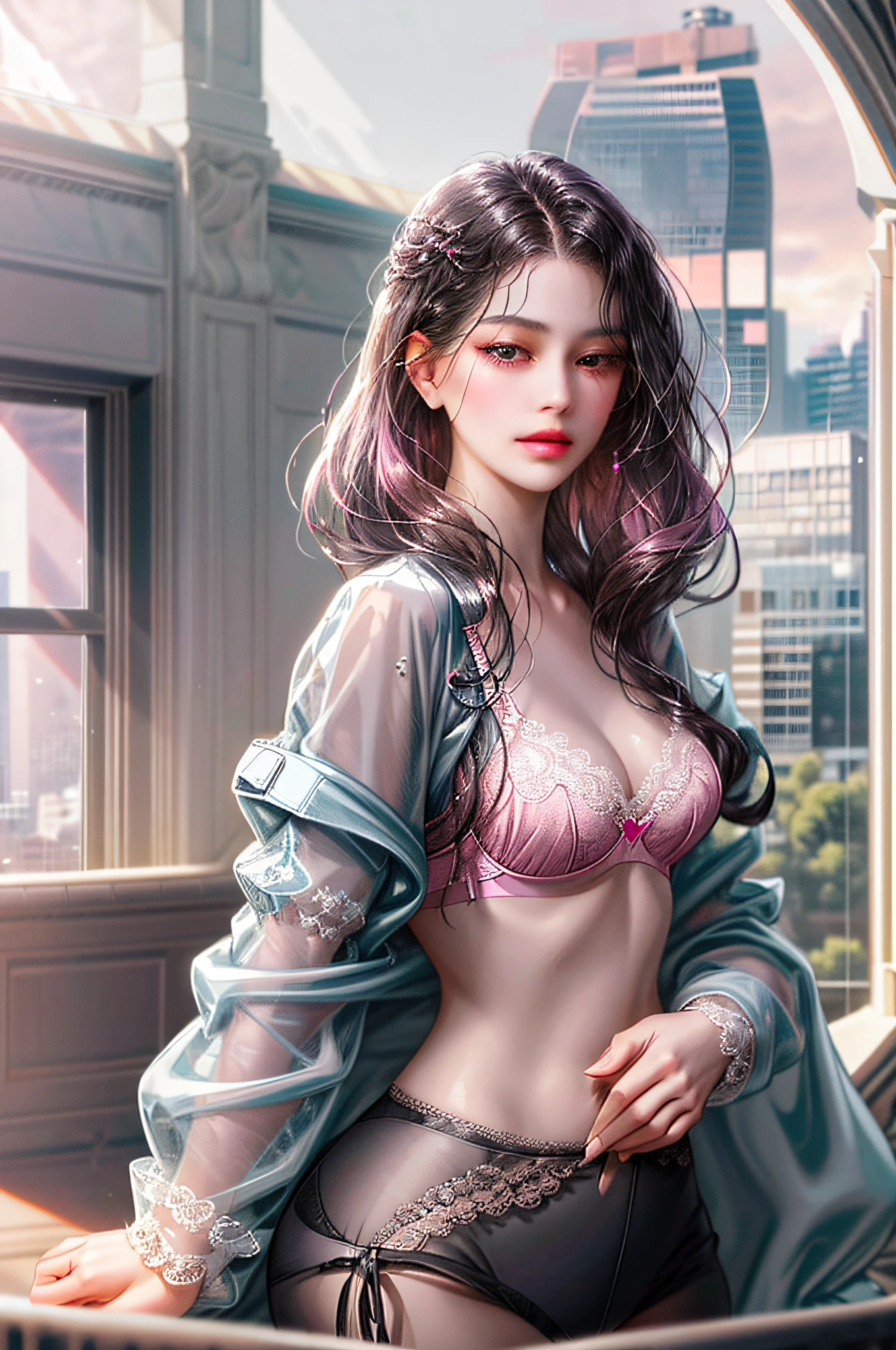 1girl, the boss of the company, with long black wavy hair and gray eyes, tall, thin, sexy, elegant with contempt and arrogance, from the 21st century behind her there is a window indicating the different buildings of the city, ((white translucent jacket open front, pink lace small bra, panties)), lower body slender