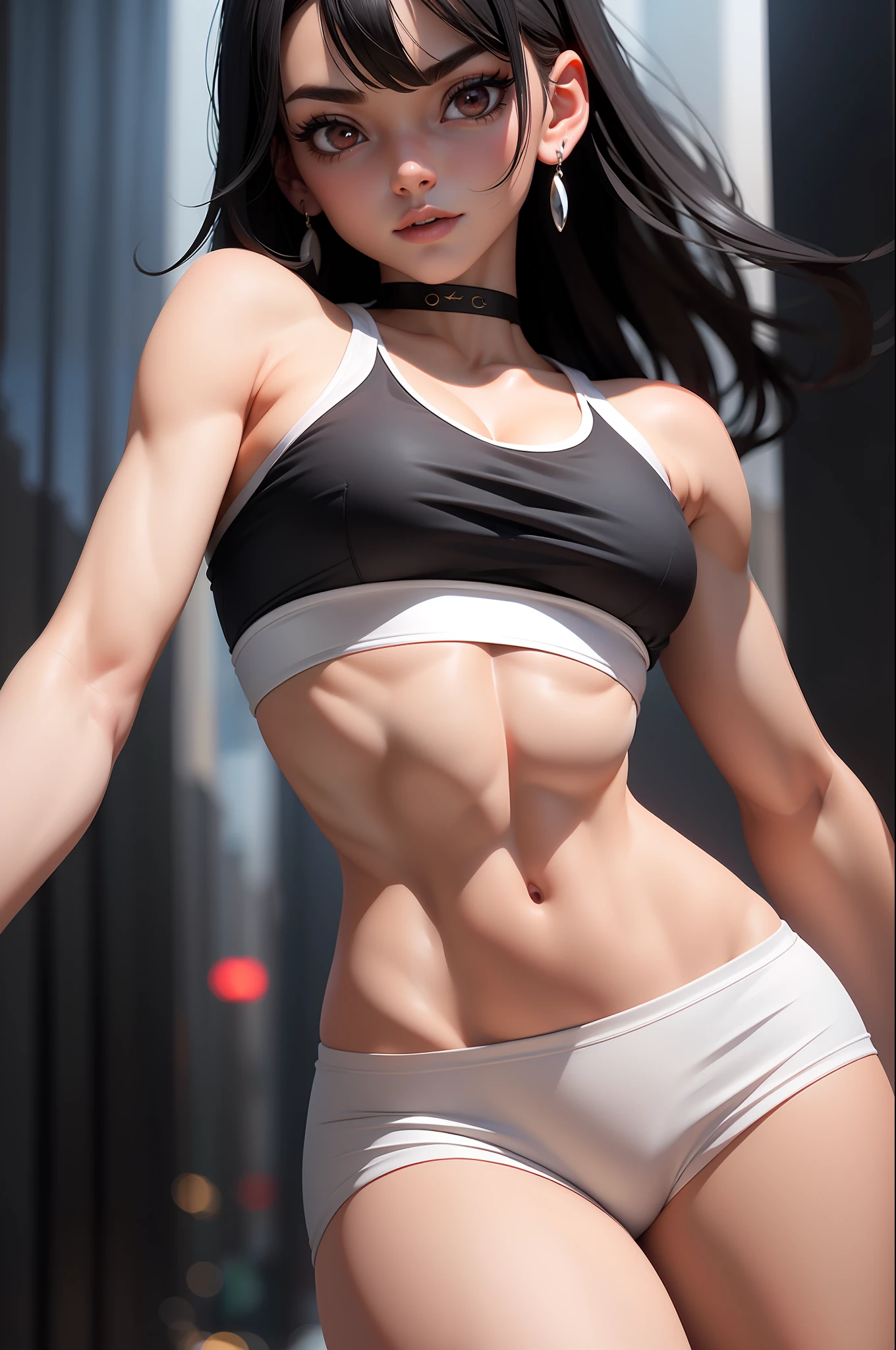 masterpiece, best quality,3d rending work ,3DMM style,close-up, 3D,1girl, solo, black hair, teardropshaped earrings, realistic, upper body, urban city background, bangs, long straight black hair, parted lips, choker, makeup, (white sports bra:1.3), red eyes, tifa lockhart, (medium perky breasts:1.5) macromastia, cleavage, exposed stomach, toned abs, toned arms, black miniskirt