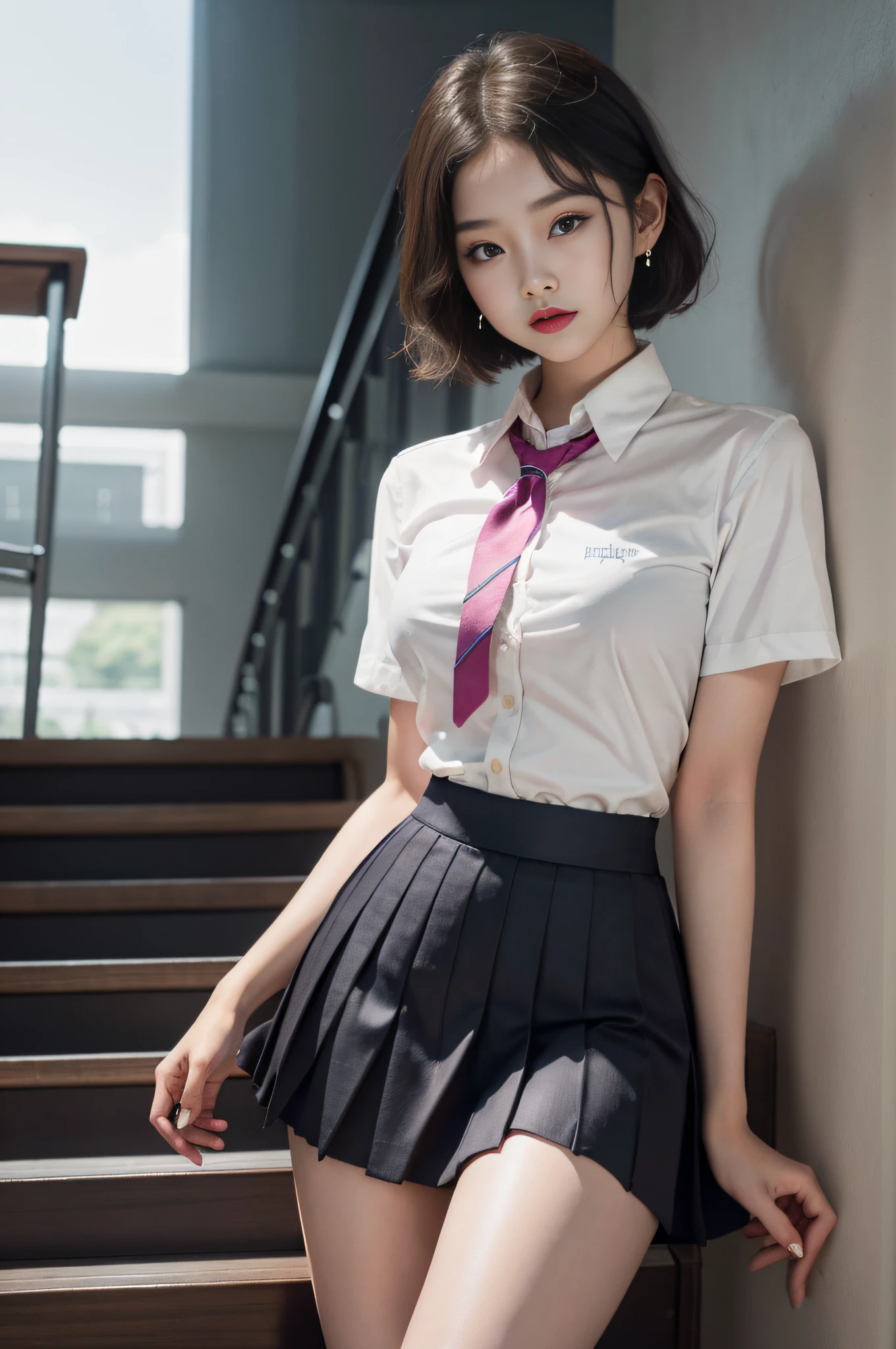 Korean school uniform, summer school uniform shirt, ribbon tie, skirt, school, school stairs, chest lifting pose, 8K RAW photo, high resolution, cool Korean at 15 years old, very big round breasts, beautiful eyes in detail, long eyelashes, beautiful double eyelids, eye shadow, eyeliner, slit eyes, elongated eye shape, Sanpaku eyes, evil smile, evil look, beautiful and very thin legs, Beautiful very thin thighs, random short hair, hair tied at the back of the head, earrings, bright blonde hair