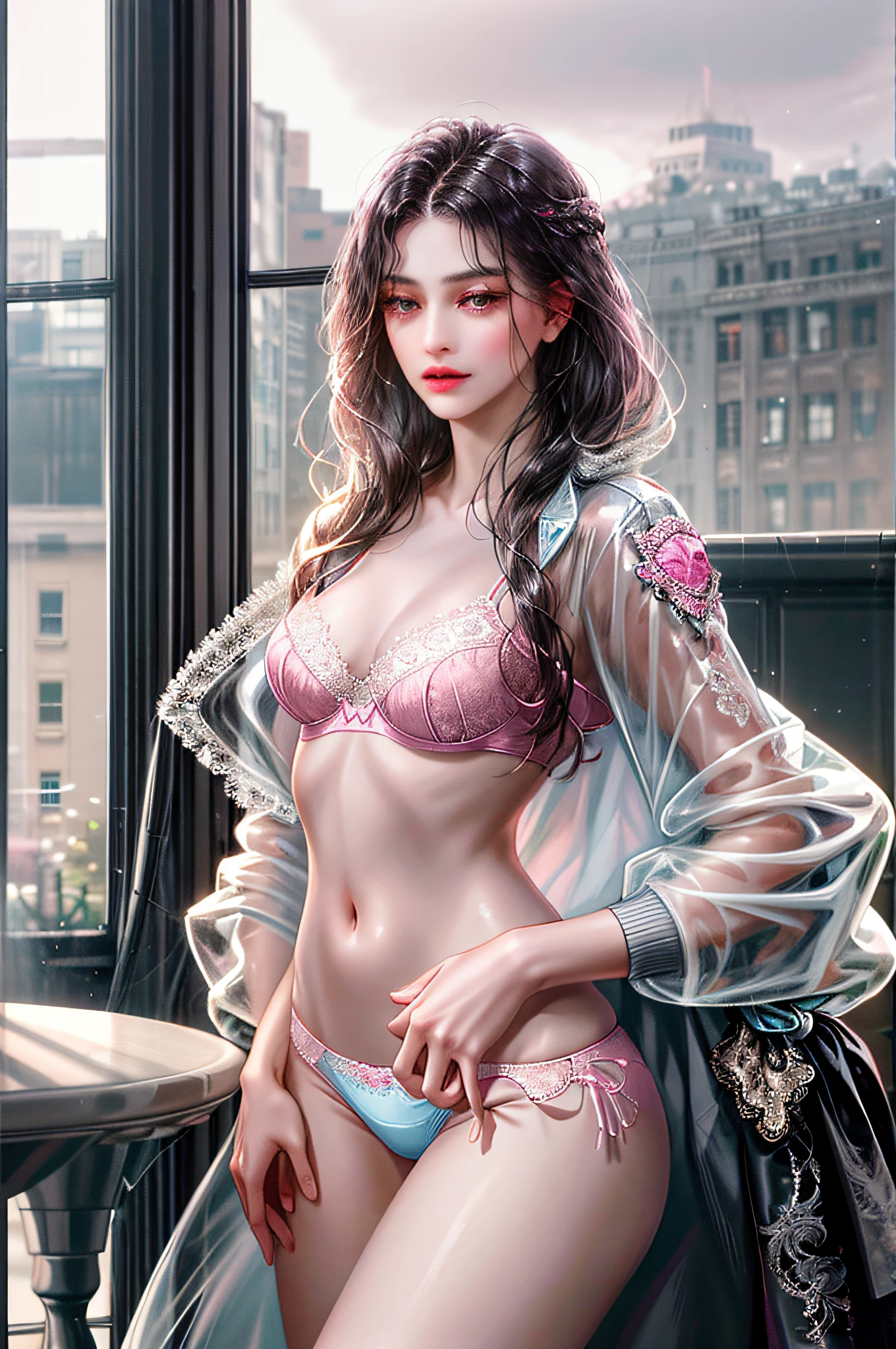 1girl, the boss of the company, with long black wavy hair and gray eyes, tall, thin, sexy, elegant with contempt and arrogance, from the 21st century behind her there is a window indicating the different buildings of the city, ((white translucent jacket open front, pink lace small bra, panties)), lower body slender