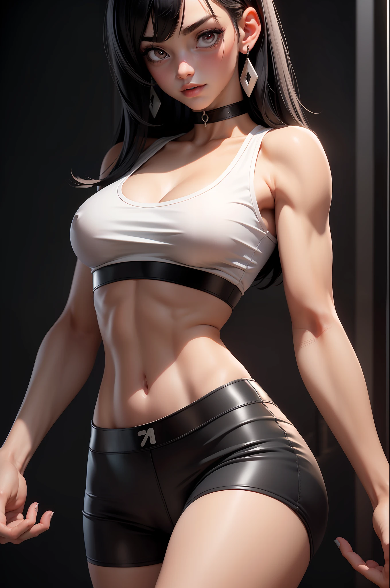 masterpiece, best quality,3d rending work ,3DMM style,close-up, 3D,1girl, solo, black hair, teardropshaped earrings, realistic, upper body, urban city background, bangs, long straight black hair, parted lips, choker, makeup, (white sports bra:1.3), red eyes, tifa lockhart, (medium perky breasts:1.5) macromastia, cleavage, exposed stomach, toned abs, toned arms, black miniskirt