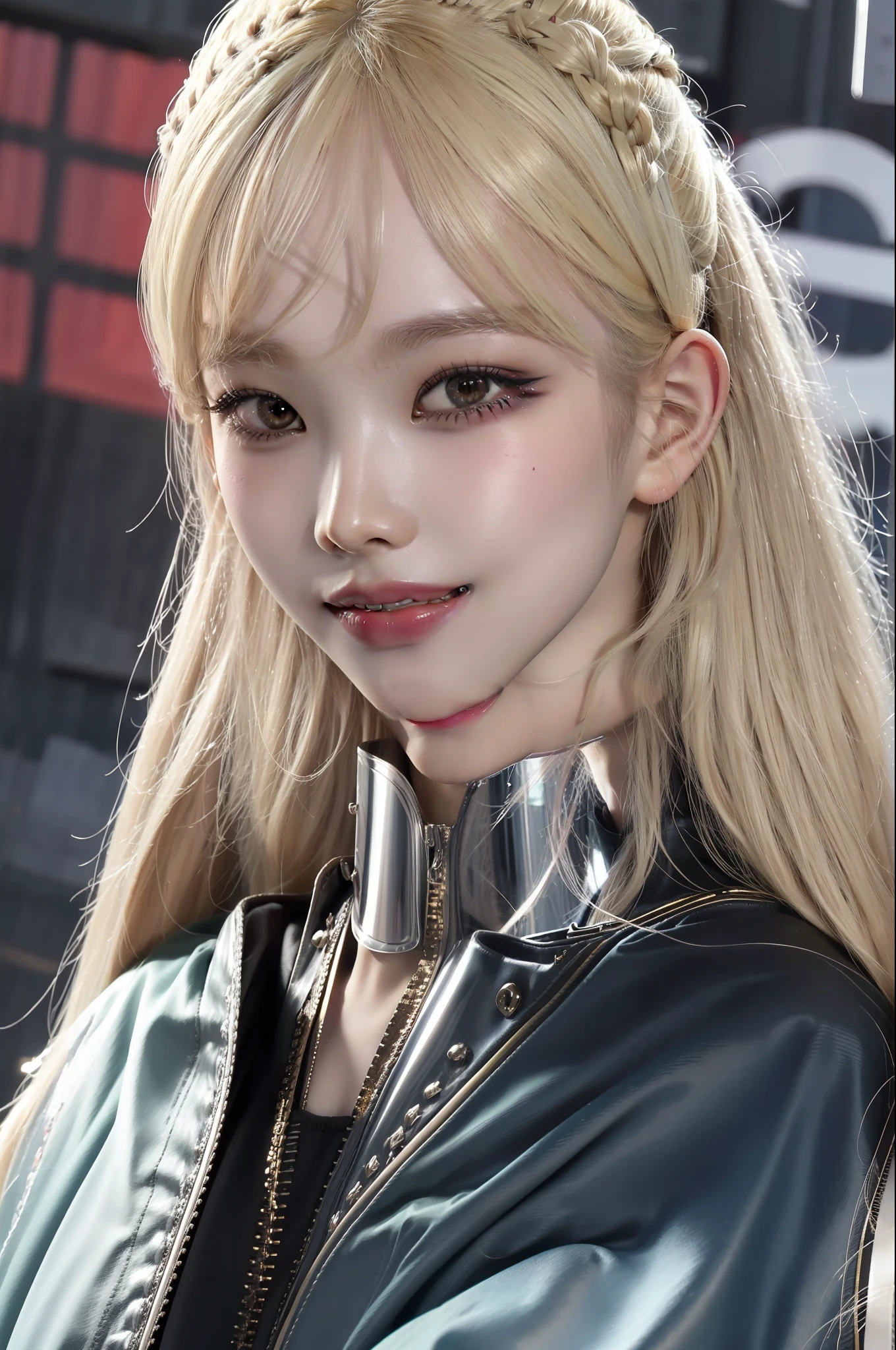 Best quality, masterpiece, ultra high res, (photorealistic:1.4), raw photo, 1girl, long platinum blonde hair, makeup, small grin