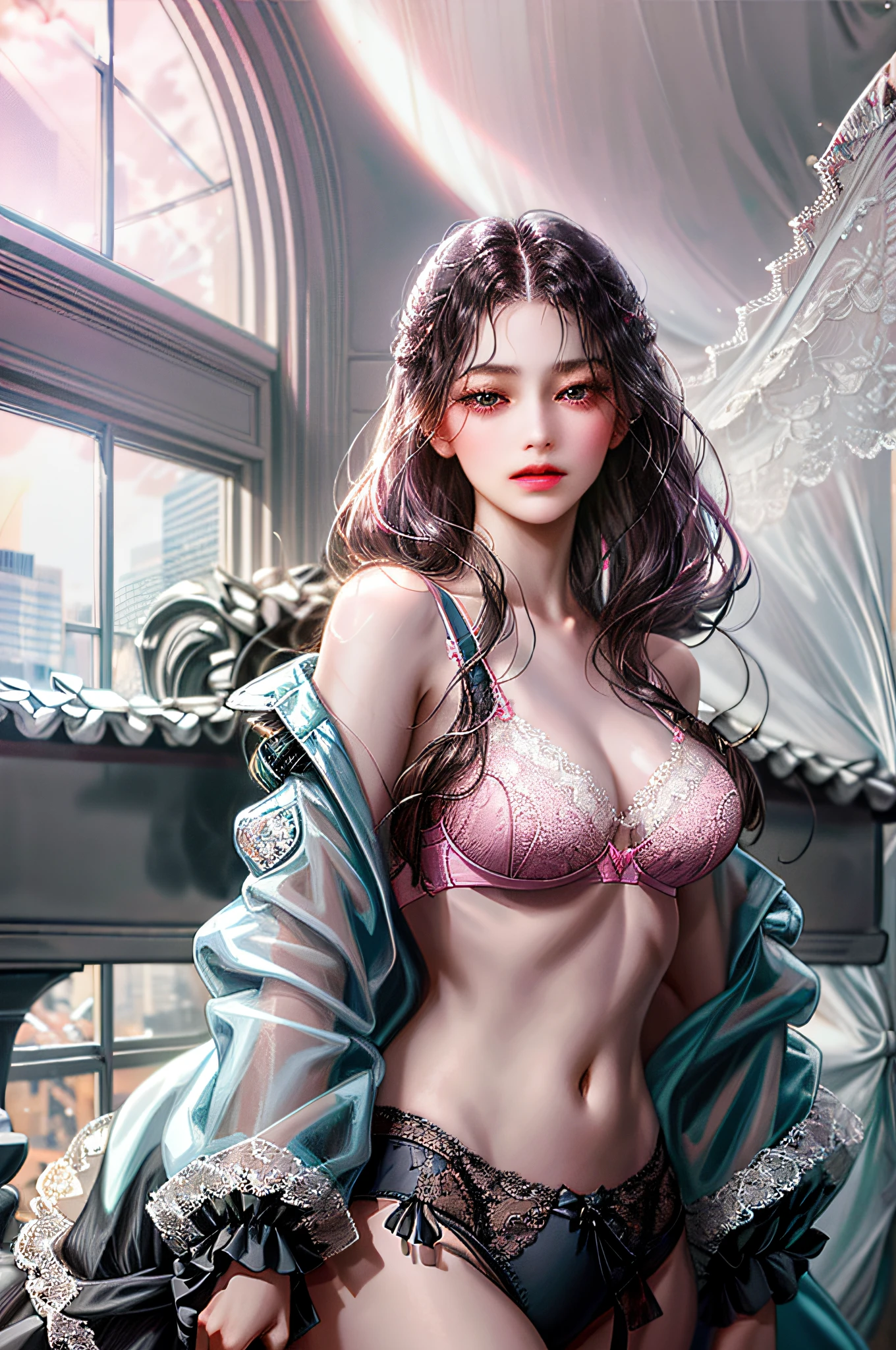 1girl, the boss of the company, with long black wavy hair and gray eyes, tall, thin, sexy, elegant with contempt and arrogance, from the 21st century behind her there is a window indicating the different buildings of the city, ((white translucent jacket open front, pink lace small bra, panties)), lower body slender