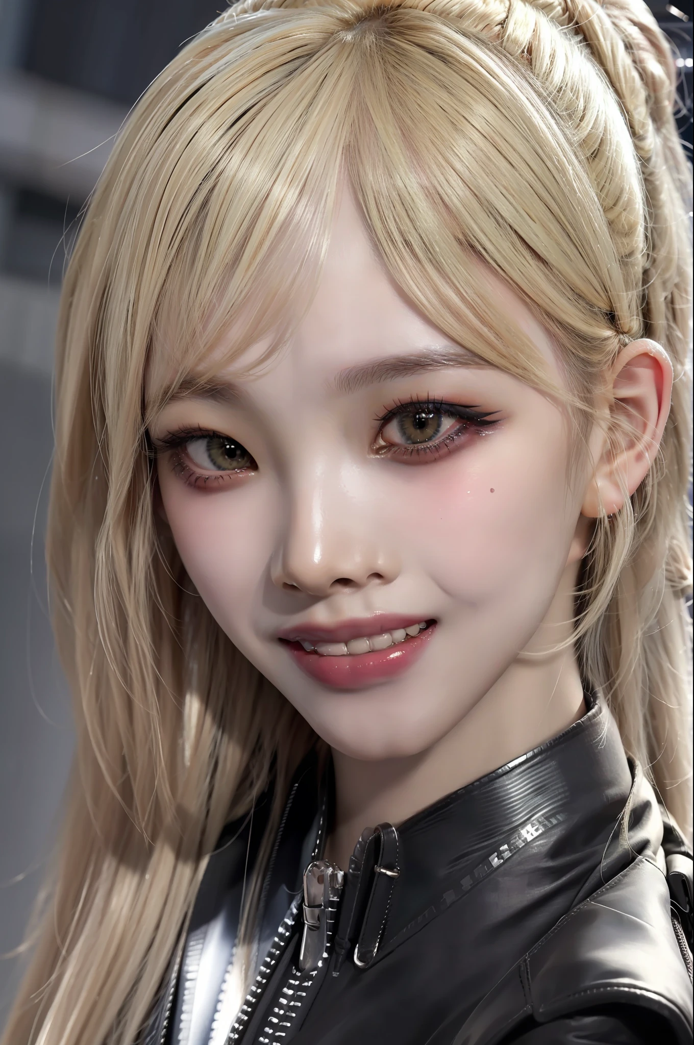 Best quality, masterpiece, ultra high res, (photorealistic:1.4), raw photo, 1girl, long platinum blonde hair, makeup, small grin