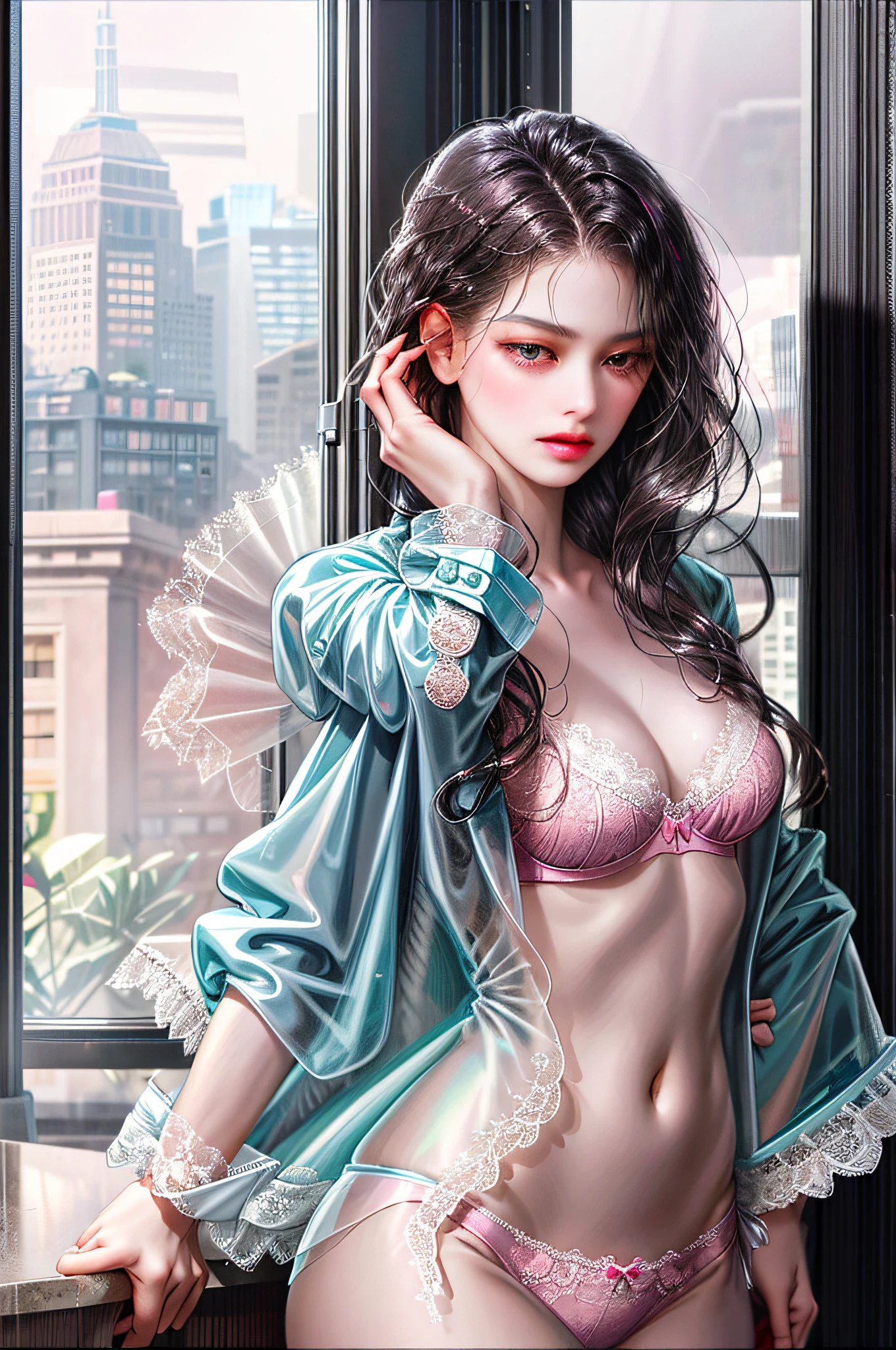 1girl, the boss of the company, with long black wavy hair and gray eyes, tall, thin, sexy, elegant with contempt and arrogance, from the 21st century behind her there is a window indicating the different buildings of the city, ((white translucent jacket open front, pink lace small bra, panties)), lower body slender
