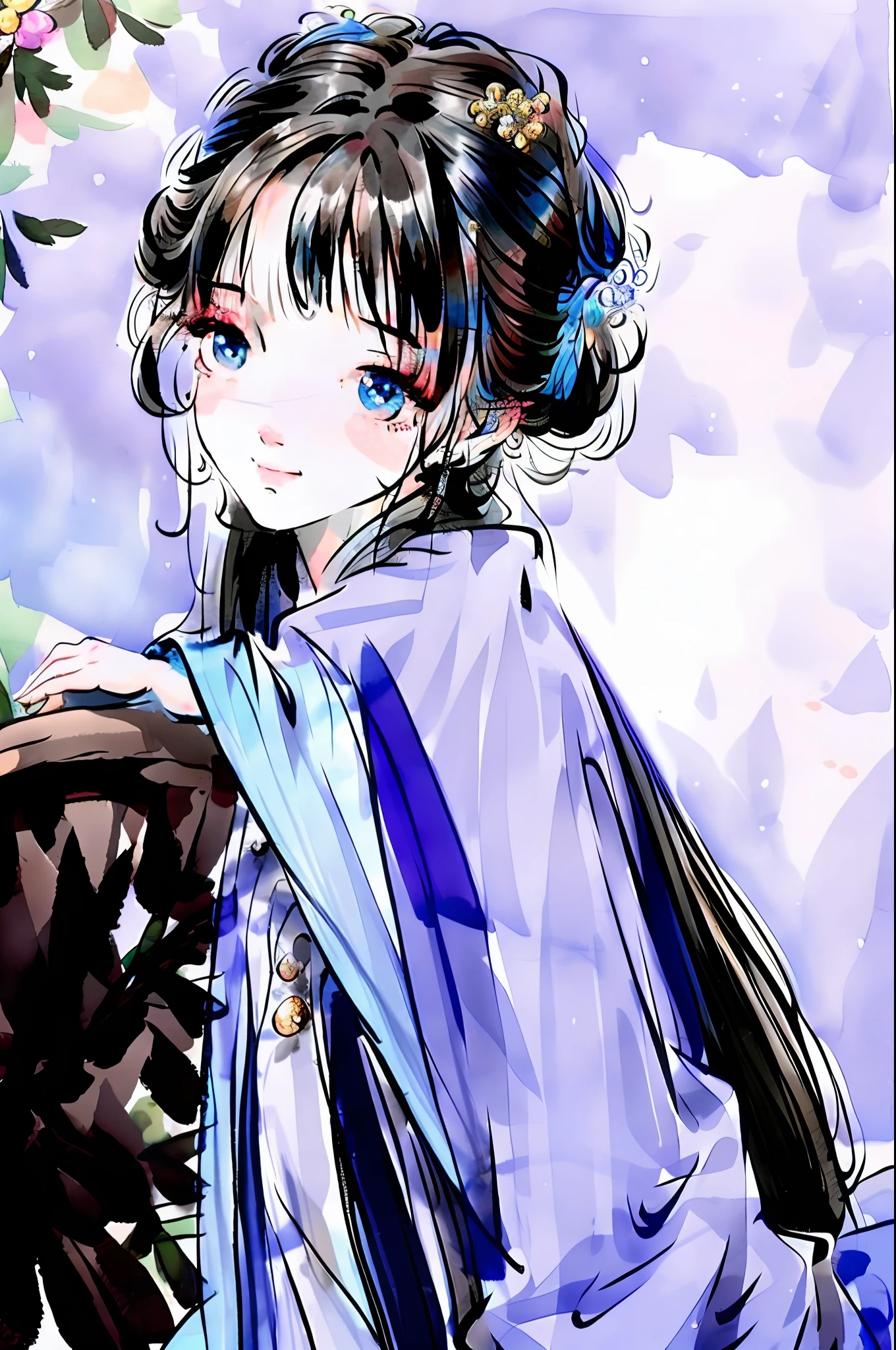 {{Best Quality}}, {{Masterpiece}}, {{Ultra Detail}}, {Illustration}, {Detailed Light}, {Extremely Delicate and Beautiful}, A Girl, {Beautiful Detail Eyes}, Black Eyes, Messy Floating Hair, Step Shake Decorative Hair, Depth of Field, Chinese Painting, Girl in the Garden, Girl Sitting by the Pool, Sticking Her Feet into the Pool, Rockery, Waterfall and Small Trees in the background, Delicate Face, Beautiful Eyes, Girl Stretching Her Waist and Girl Wearing Hanfu, light blue and white Hanfu, reduced sharpness
