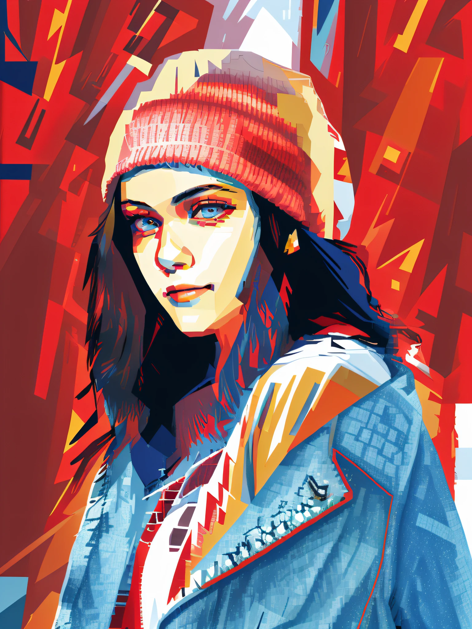 HD, (Best Detail) (Best Quality), detailed facial features, Arad woman in red hat and denim jacket, WPAP style, color coordination