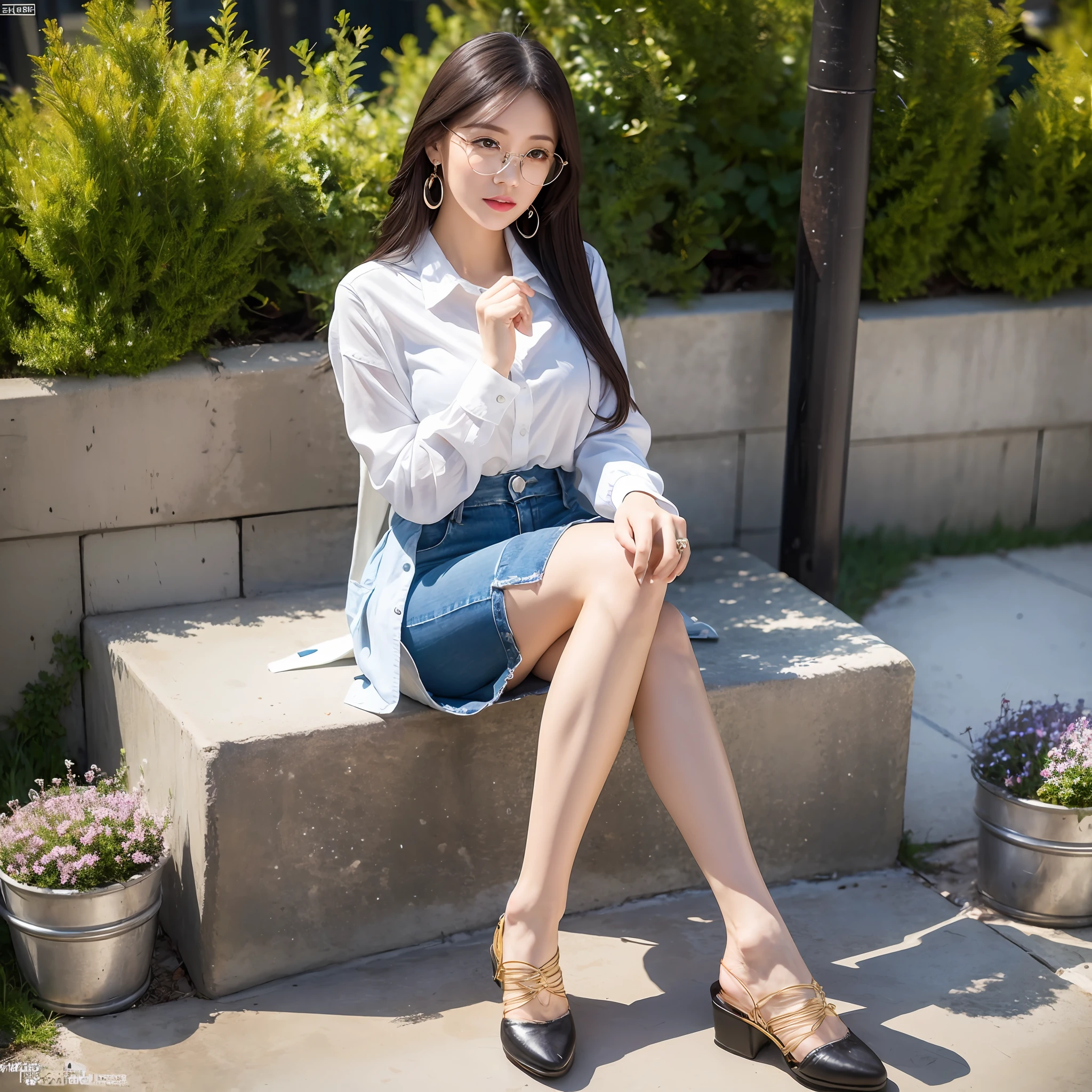 8k resolution, ultra-fine details, delicate picture, masterpiece, high quality, daytime, sunshine, 1girl, full body photo, light makeup, rimless gold wire glasses, flying silver long hair, looking at the audience, cute, white shirt, tie, big earrings, black pantyhose, casual shoes, denim miniskirt, leaning on the fire hydrant, photo pose, revealing shoes,