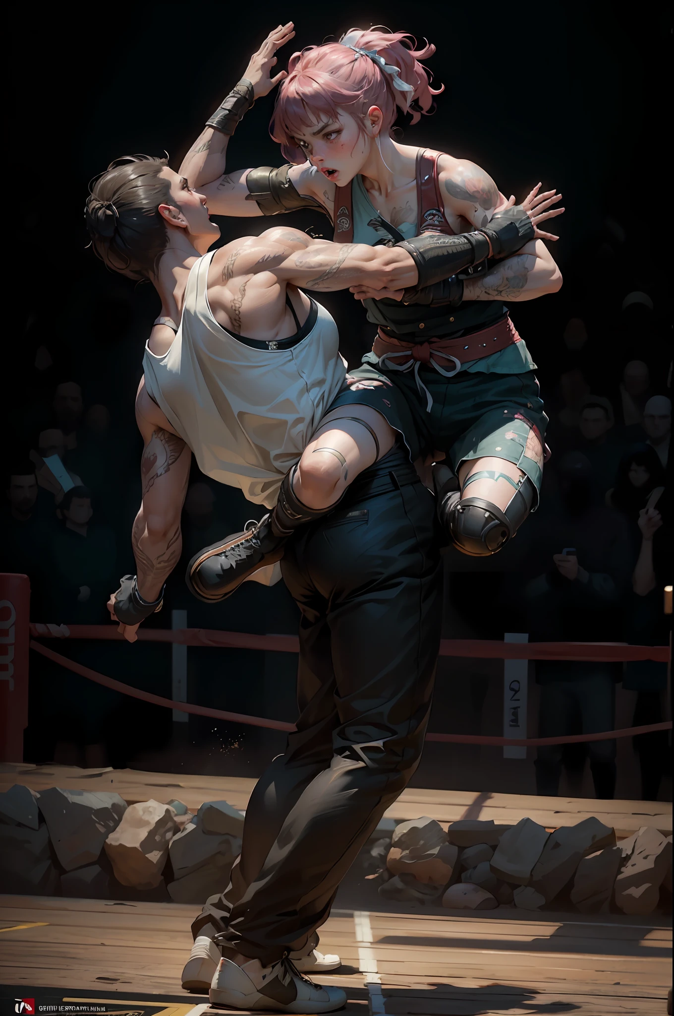 A girl fighting a man, a girl and a man, (fighting action), fighting, kickboxing, (ultra-realistic 8k CG: 1.2), perfect artwork, delicate patterns, (intricate details, extremely complex: 1.2)