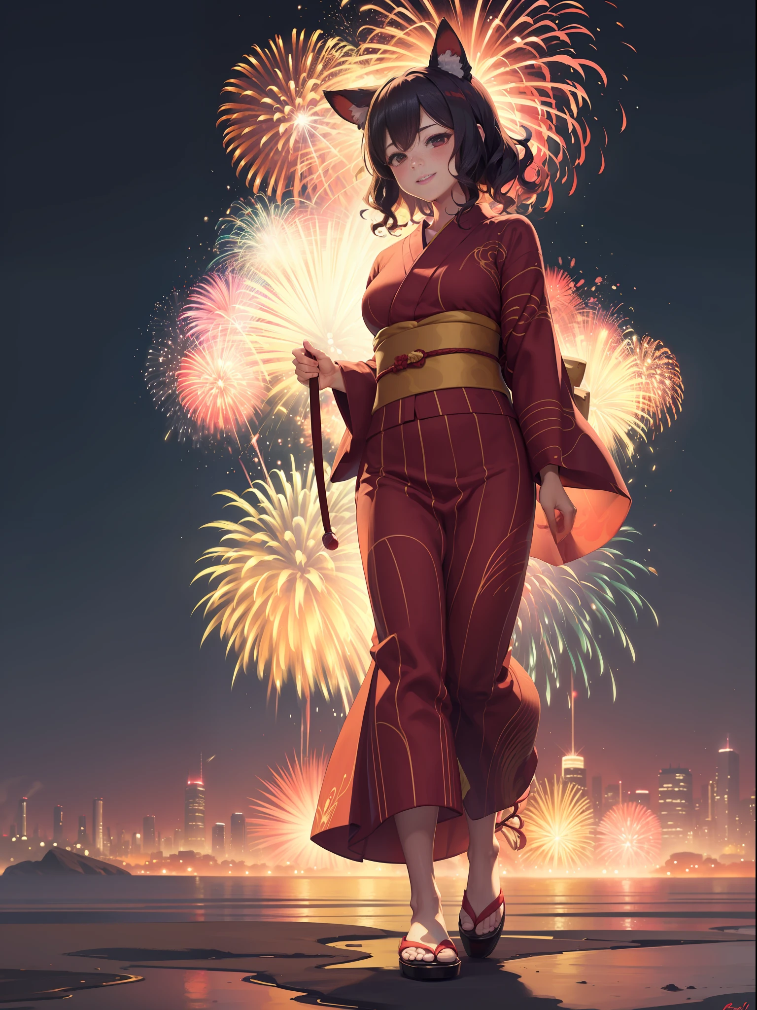 (strolling through the cityscape of the fireworks display:1.2), Food Food, (Red Colorful Yukata:1.3), Kemono Ears, Middle Chest, Smile, Blushing,(Perfect Body:1.1)、(Short Wavy Hair:1.2)Full Body Shot,(Very Elaborate CG 8K Wallpaper),(Very Delicate and Beautiful)(Masterpiece)(Best Quality):1.0),(Ultra High Definition:1.0),[High Definition],Detailed Skins, ultra detailed ((colorful)),