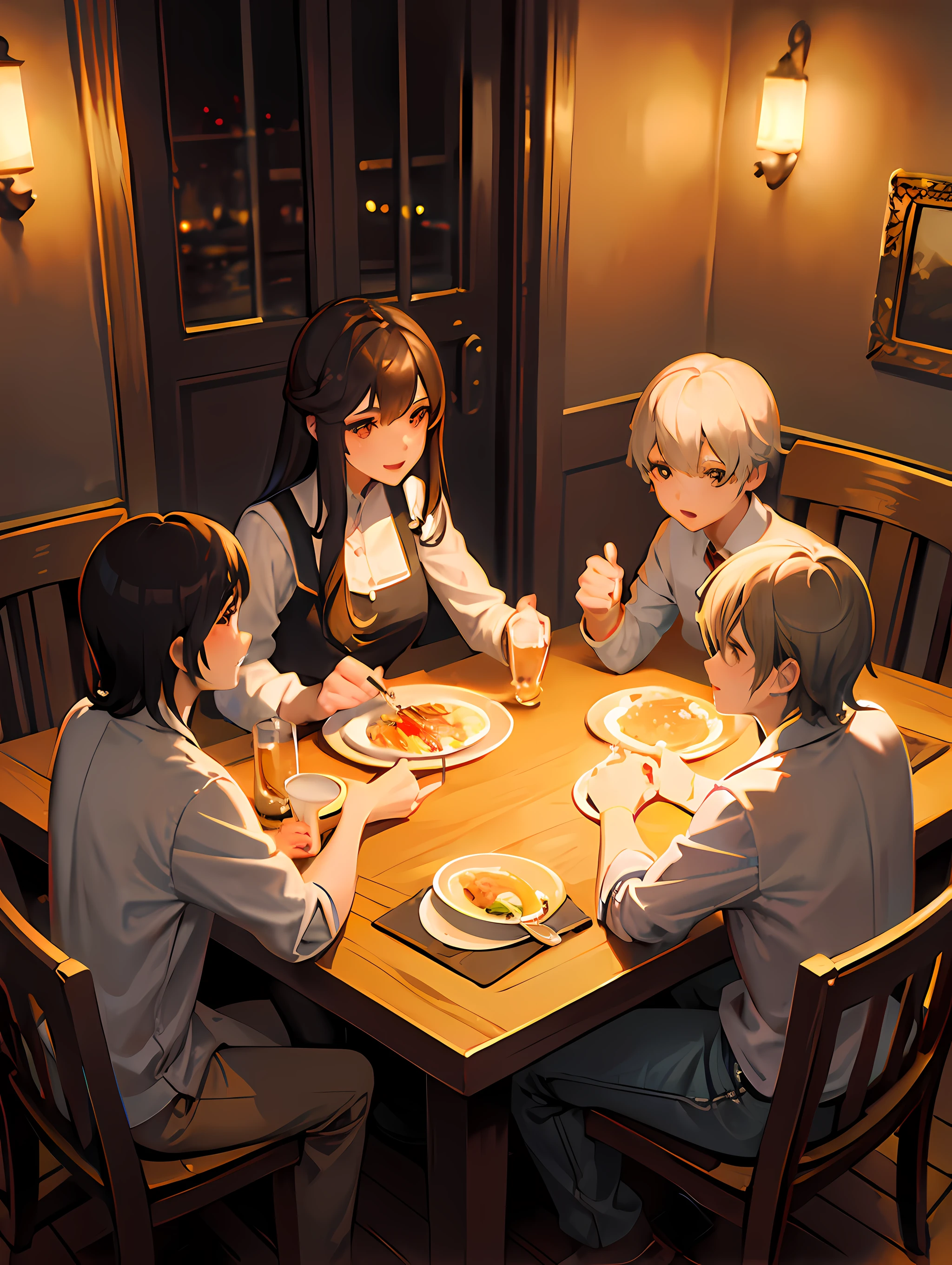 (family at dinner table),(warm color night),(comfortable atmosphere)