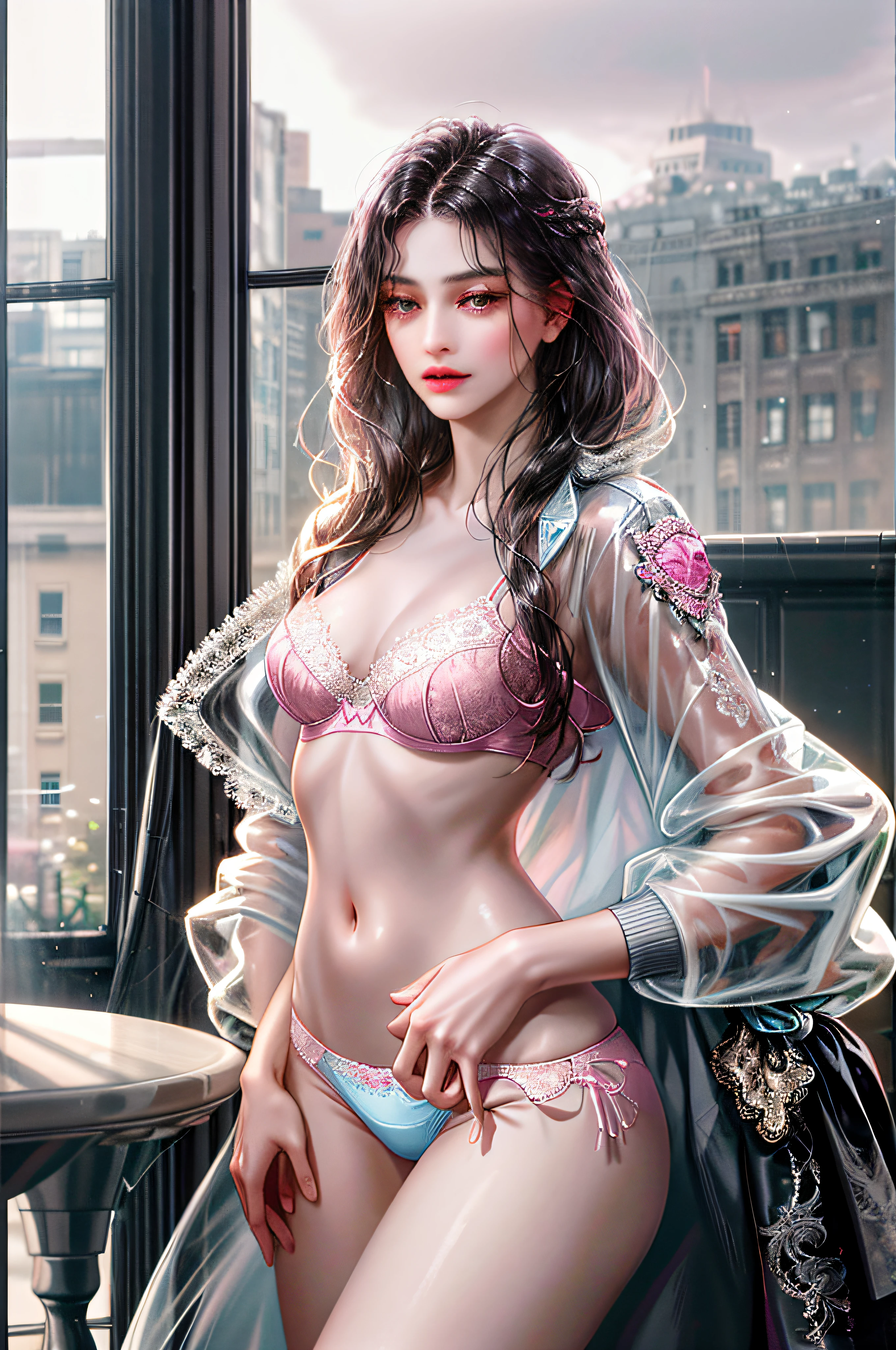 1girl, the boss of the company, with long black wavy hair and gray eyes, tall, thin, sexy, elegant with contempt and arrogance, from the 21st century behind her there is a window indicating the different buildings of the city, ((white translucent jacket open front, pink lace small bra, panties)), lower body slender