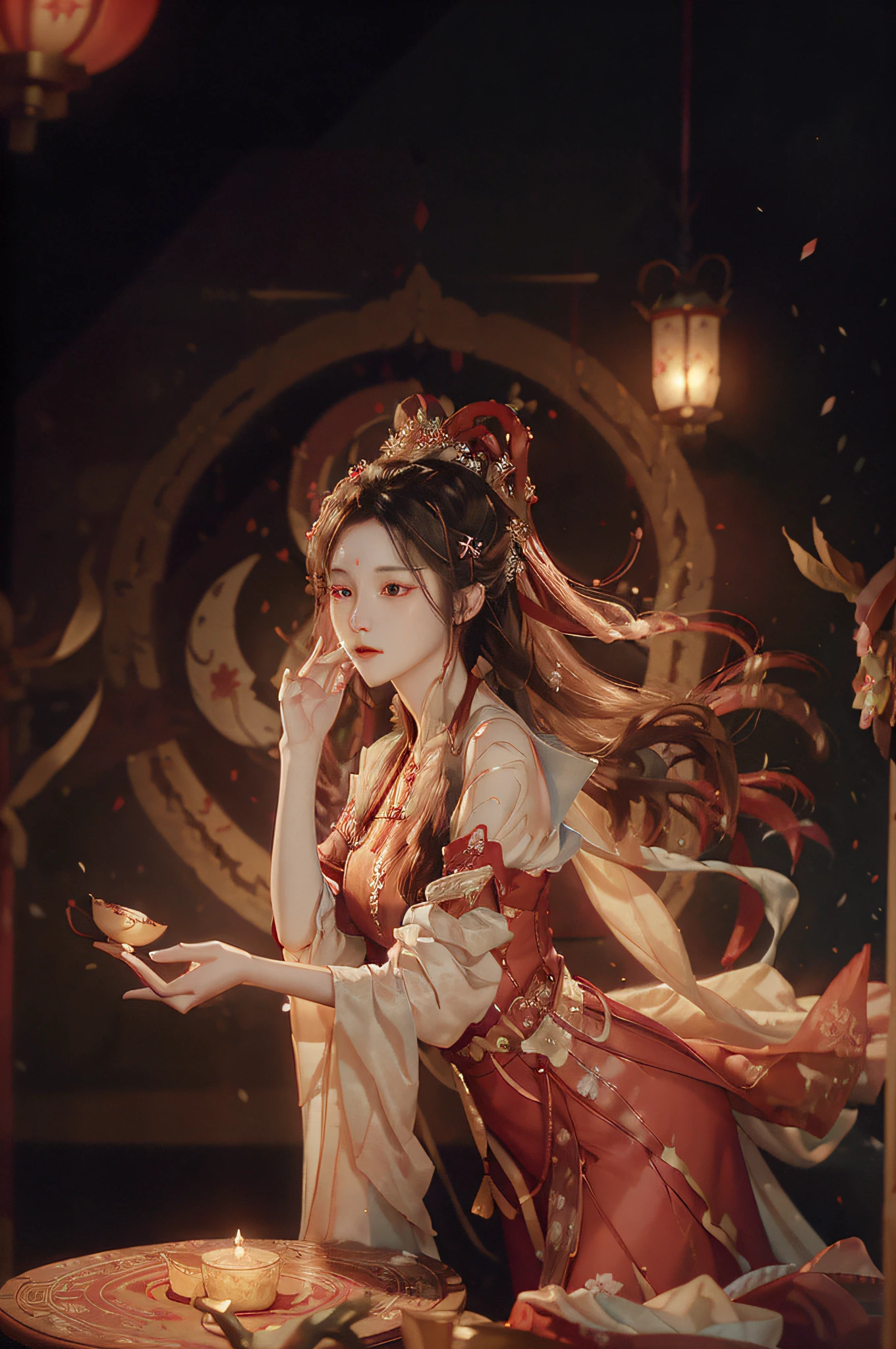 Superb Quality, Masterpiece, High Resolution, (Exquisite Body: 1.5), Stunning Beauty, (Milky Skin: 1.3), Delicate Details, High Resolution, Wallpaper, 1 Woman, Solo, Dress, Hair Accessories, (((Red Dress)) ), Flower, Long Hair, Brown Hair, Shut Up, Accessories, Long Sleeves, Raised Hand, Wide Sleeves, Big Eyes, Flowing Hair, Hanfu, Hanfu, Embroidery, Long Skirt, Natural Pose, Falling Petals, Calf Injury, Sadness, Fanning, Lantern, 16K, HDR, High Resolution, Depth of Field, (Film Grae: 1.1), Bocon, Primetime, (Lens Glow), Vignette, Rainbow, (Color Grading: 1.5)