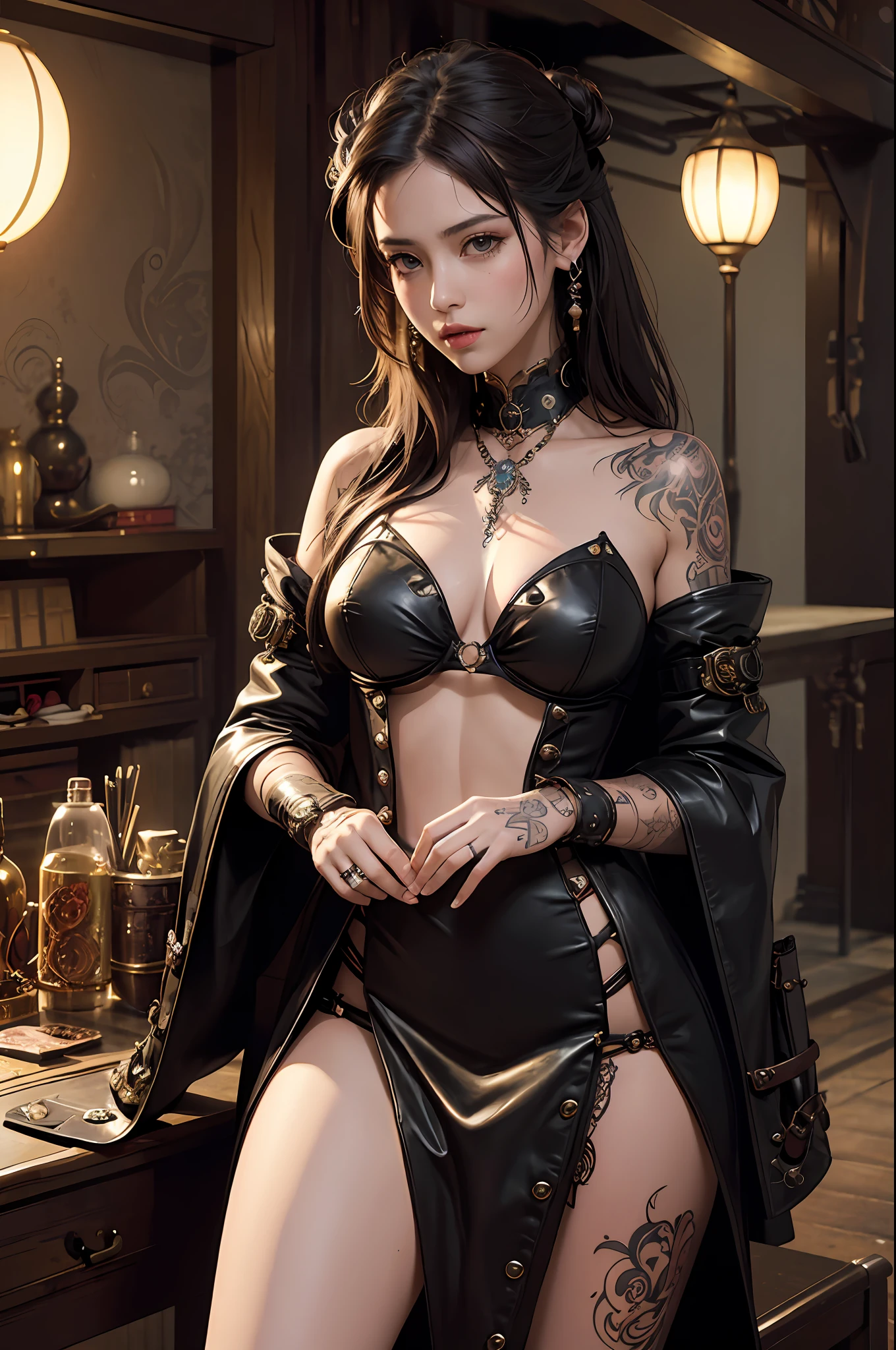 Official Art, Steampunk Style, Unity 8k Wallpaper, Super Detailed, Beautiful, Beautiful, Masterpiece, Top Quality, Too Classy, Unrivaled, Romanticism, Erotic, Contemplation, Emotional Depth, Supernatural, Nasty, 1 Girl, Full Body Japanese Tattoo, Full Body Piercing, Solo, Shot from Neck, Thigh Up