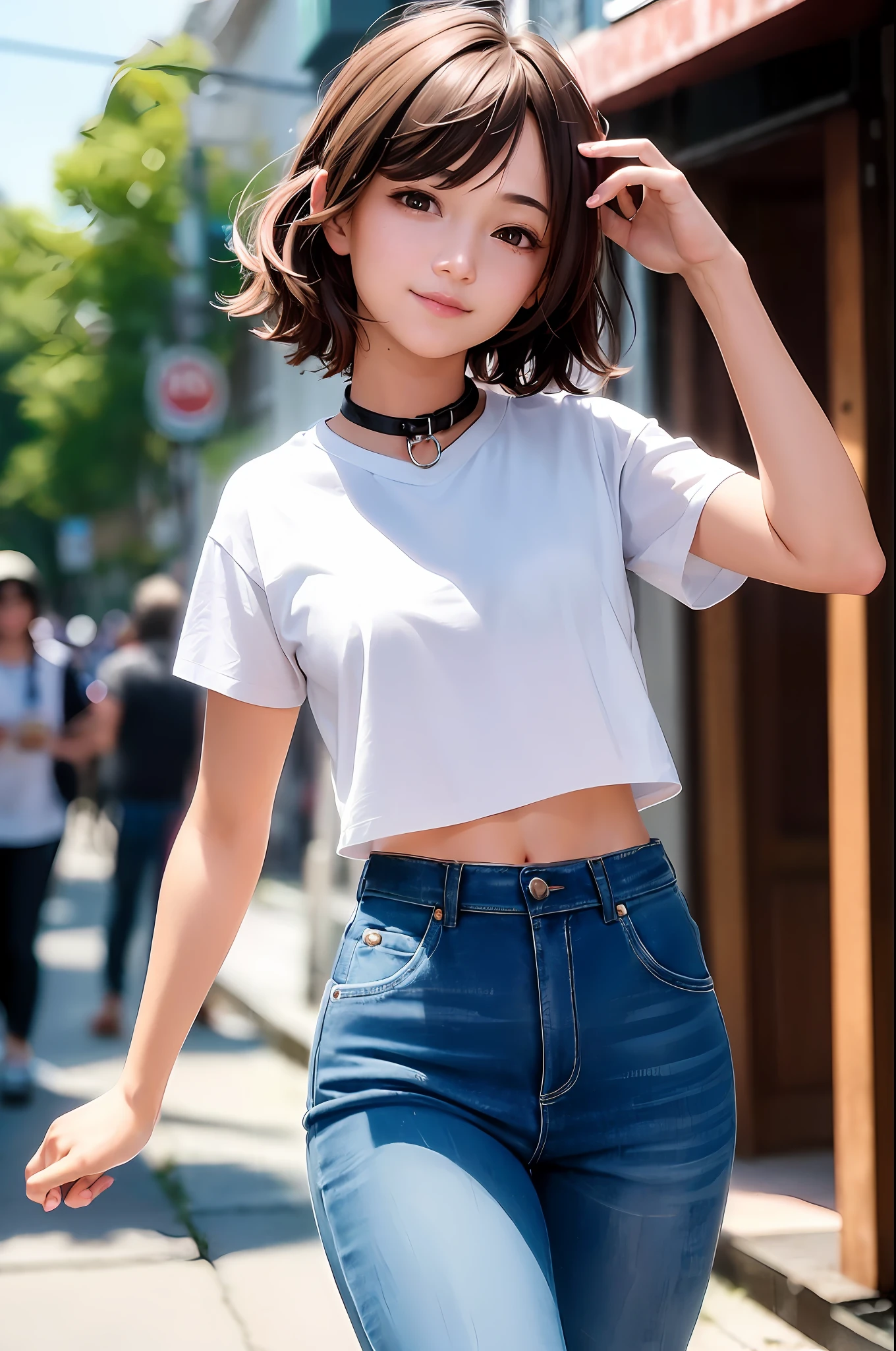 ((Middle breast, tomboy, head small)), Sunlight, Nikko, (Chiseled abs: 1.1), (Perfect body: 1.1), (Short wavy hair: 1.2), Reddish brown hair, collar, chain, full body shot, crowded street, white shirt, jeans jacket, (Shorts)), (CG 8k wallpapers in great detail), (Very delicate and beautiful), (Masterpiece), (Best quality:1.0), (Ultra High Definition: 1.0), Beautiful lighting, perfect lightning, realistic shadows, [High Resolution], Detailed skin, Super detail, Full smile, Holding out pose