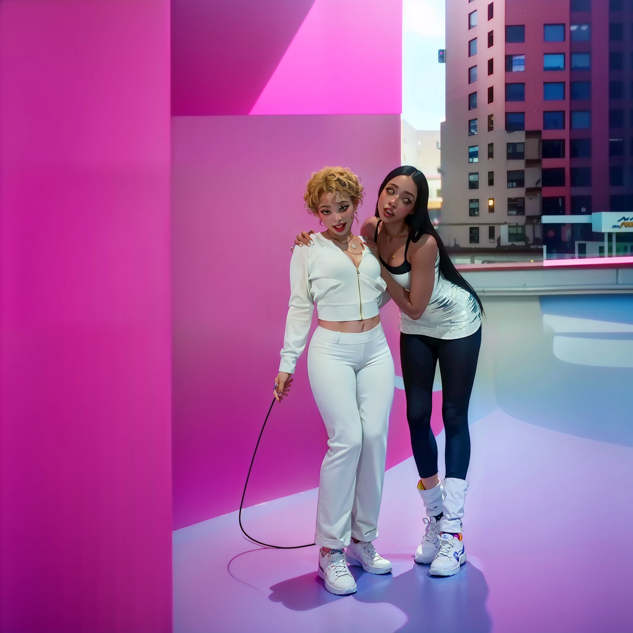 two women standing next to each other in front of a pink wall, doja cat, music video, still from a music video, official music video, doja cat as cat woman, performing a music video, her hair is white, woman holding another woman, neon jungle, bella poarch, youtube video screenshot, cardi b, light skin