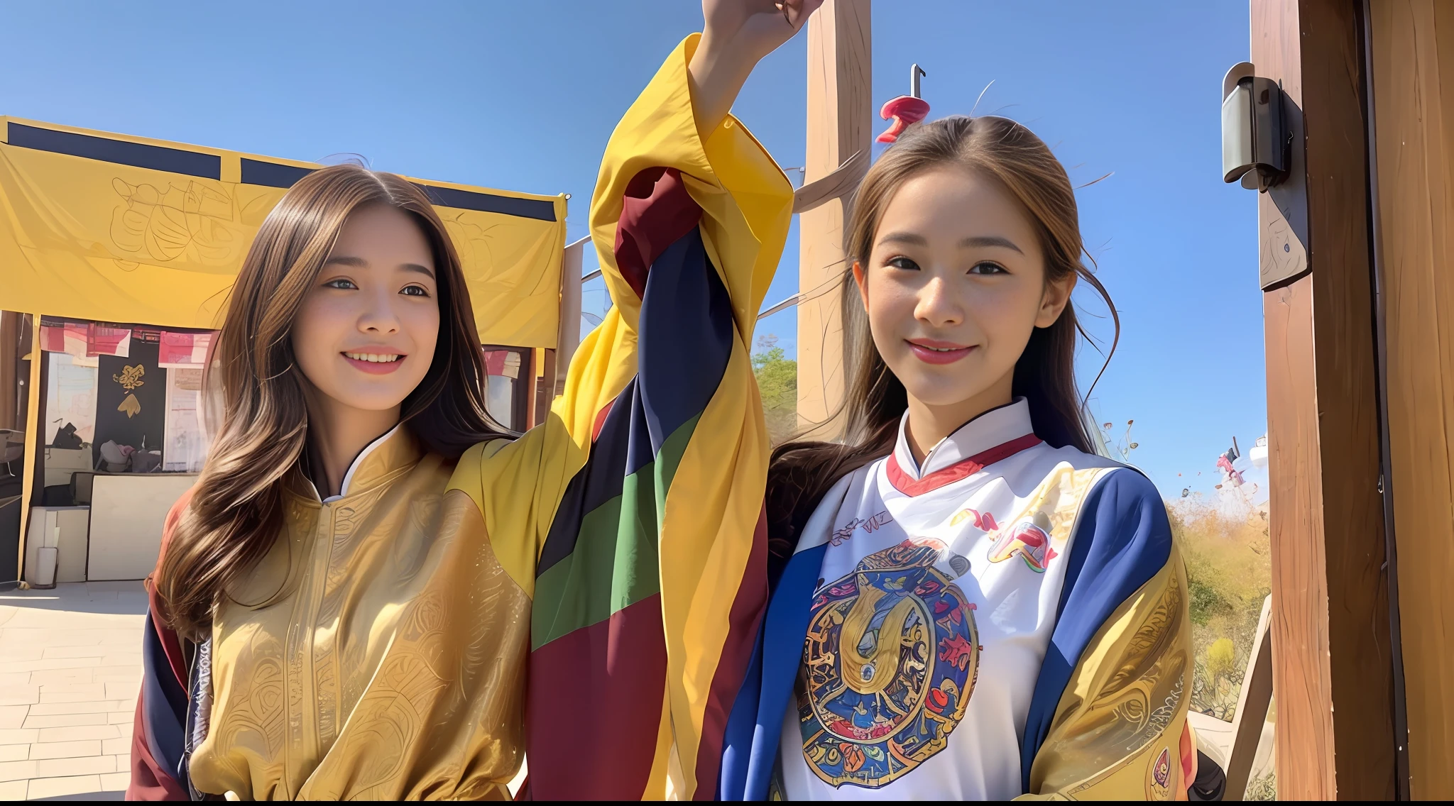 Masterpiece, 1 girl, young girl, brown eyes, reverent smile, shiny skin, (beautiful leg line: 1.3), wearing Tibetan clothes, under the prayer banner full of heavens, holding prayer wheel prayer wheel, golden Tibetan clothes, multicolored hair, realistic, sunny