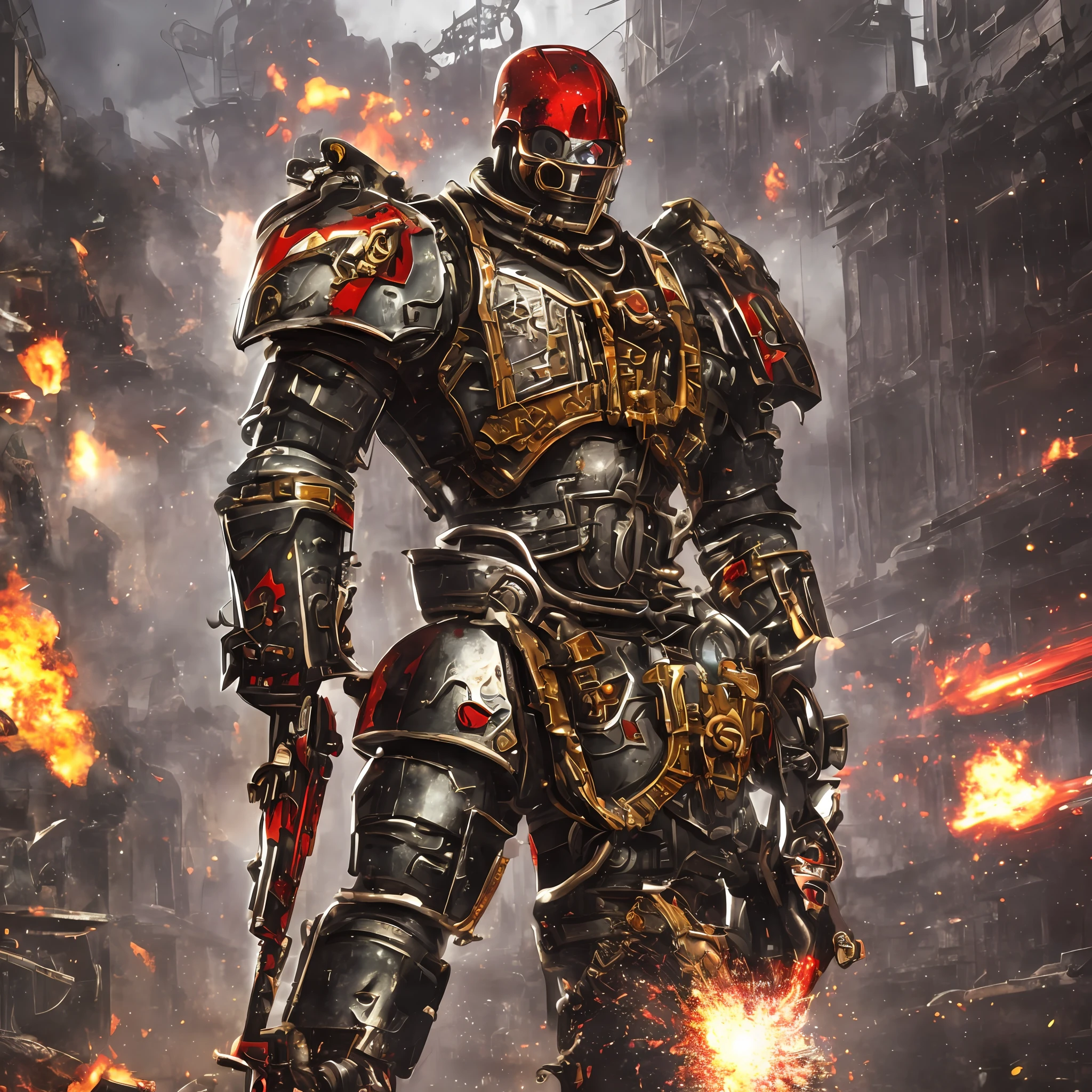 Dark_Fantasy, Cyberpunk, (chain saw, chain saw man, Red: 1.1), 1man, Mechanical marvel, Robotic presence, Cybernetic guardian, wearing shabby mech suits, intricate, (steel metal [rusty]), elegant, clear focus, photographed by Greg Rutkowski, Soft lighting, bright colors, masterpiece, ((street)), cowboy shooting, dynamic pose, warhammer 40k --auto --s2