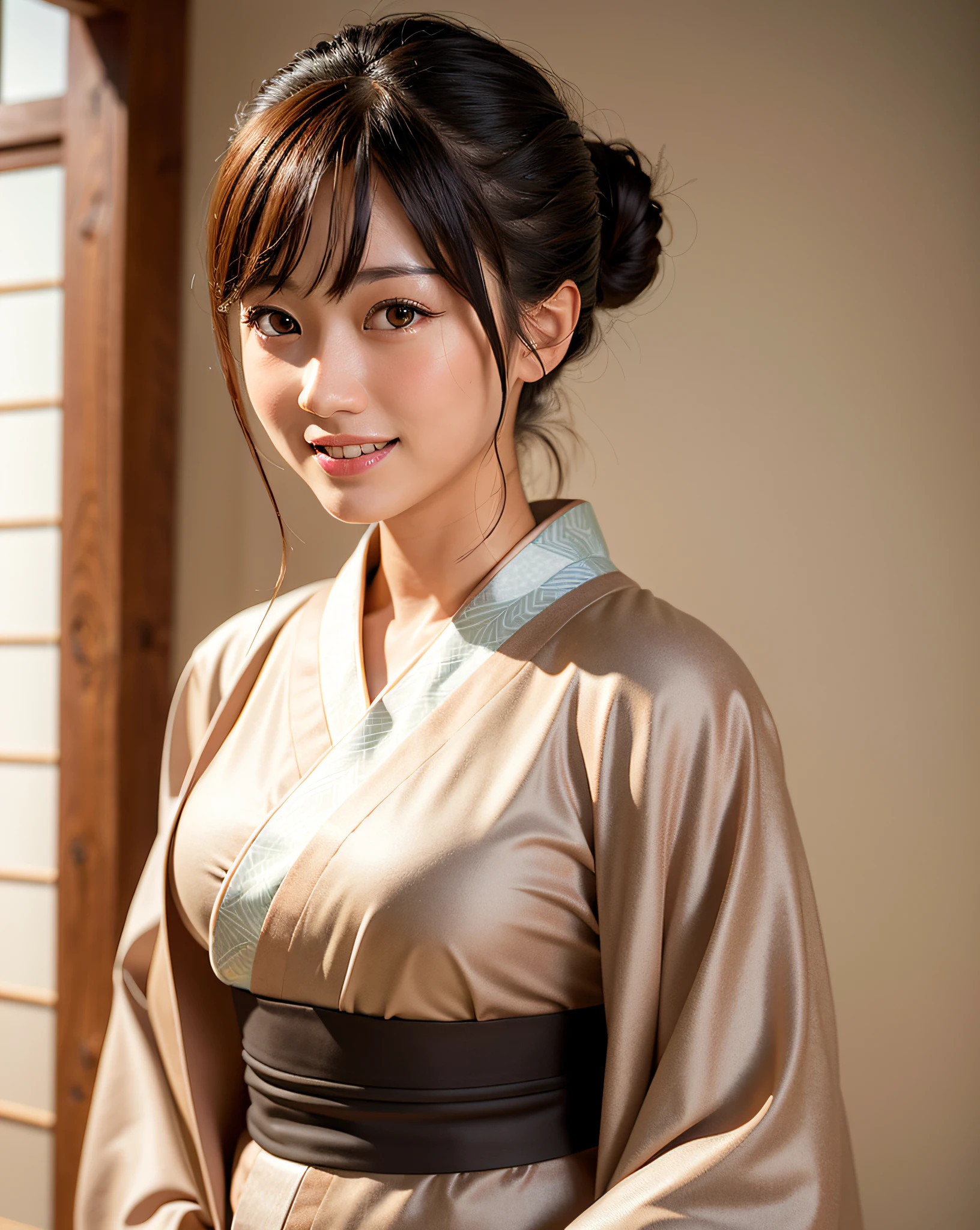 best quality, face focus, (depth of field) ,ultra high res, (photorealistic:1.4), RAW photo, Japanese-style room, alcove, hanging scroll
(portrait:1.4)
1japanese girl, solo, cute, smile, (brown eyes), natural face, (midi hair), 
(kimono:1.5)