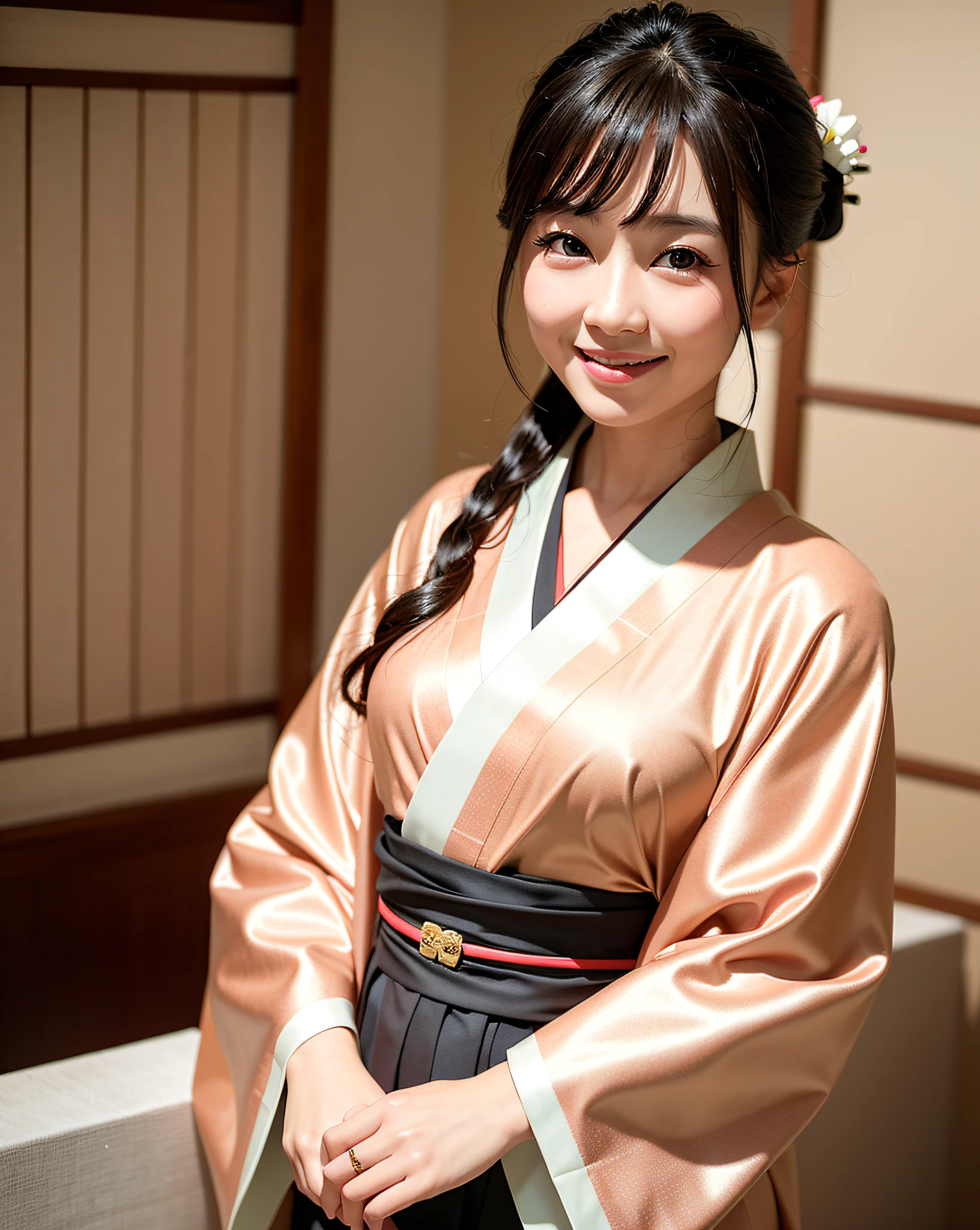 best quality, face focus, (depth of field) ,ultra high res, (photorealistic:1.4), RAW photo, Japanese-style room, alcove, hanging scroll
(portrait:1.4)
1japanese girl, solo, cute, smile, (brown eyes), natural face, (midi hair), 
(kimono:1.5)