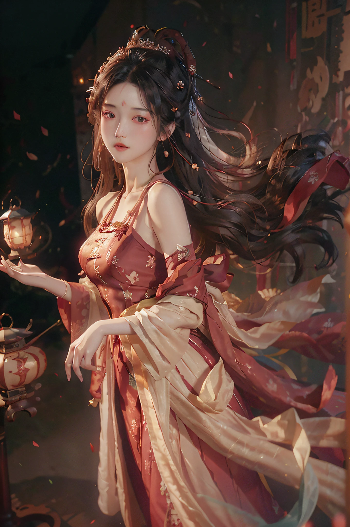 Superb Quality, Masterpiece, High Resolution, (Exquisite Body: 1.5), Stunning Beauty, (Milky Skin: 1.3), Delicate Details, High Resolution, Wallpaper, 1 Woman, Solo, Dress, Hair Accessories, (((Red Dress)) ), Flower, Long Hair, Brown Hair, Shut Up, Accessories, Long Sleeves, Raised Hand, Wide Sleeves, Big Eyes, Flowing Hair, Hanfu, Hanfu, Embroidery, Long Skirt, Natural Pose, Falling Petals, Calf Injury, Sadness, Fanning, Lantern, 16K, HDR, High Resolution, Depth of Field, (Film Grae: 1.1), Bocon, Primetime, (Lens Glow), Vignette, Rainbow, (Color Grading: 1.5)