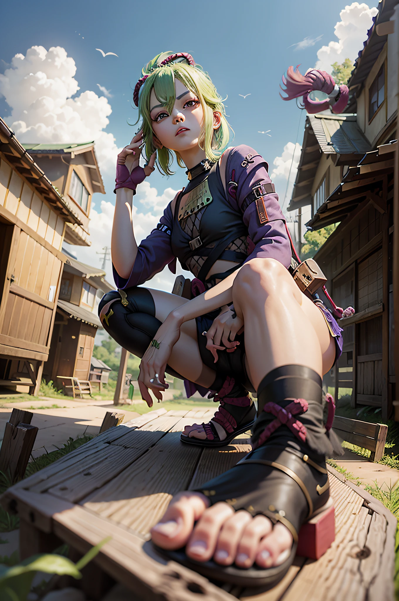 Kuki Shinobu half-squatted on the side of the village road, cartoon style, bare-legged, with a firm expression