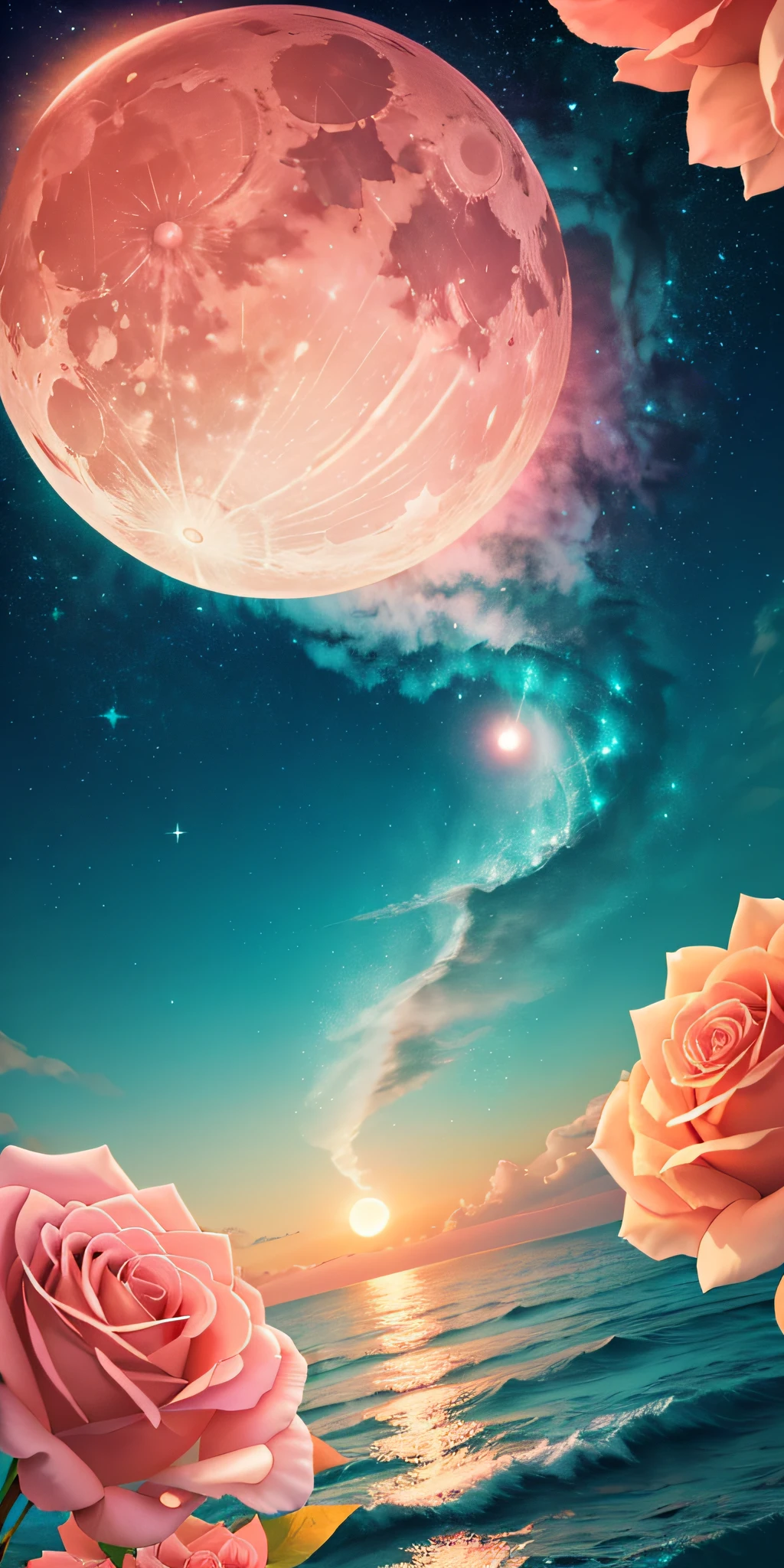 Orange moon, teal sky, soft pink clouds, teal ocean waves sparkling, sparkling, pink roses on pink ocean, fantasy, diamond, crown, universe, soft lights,