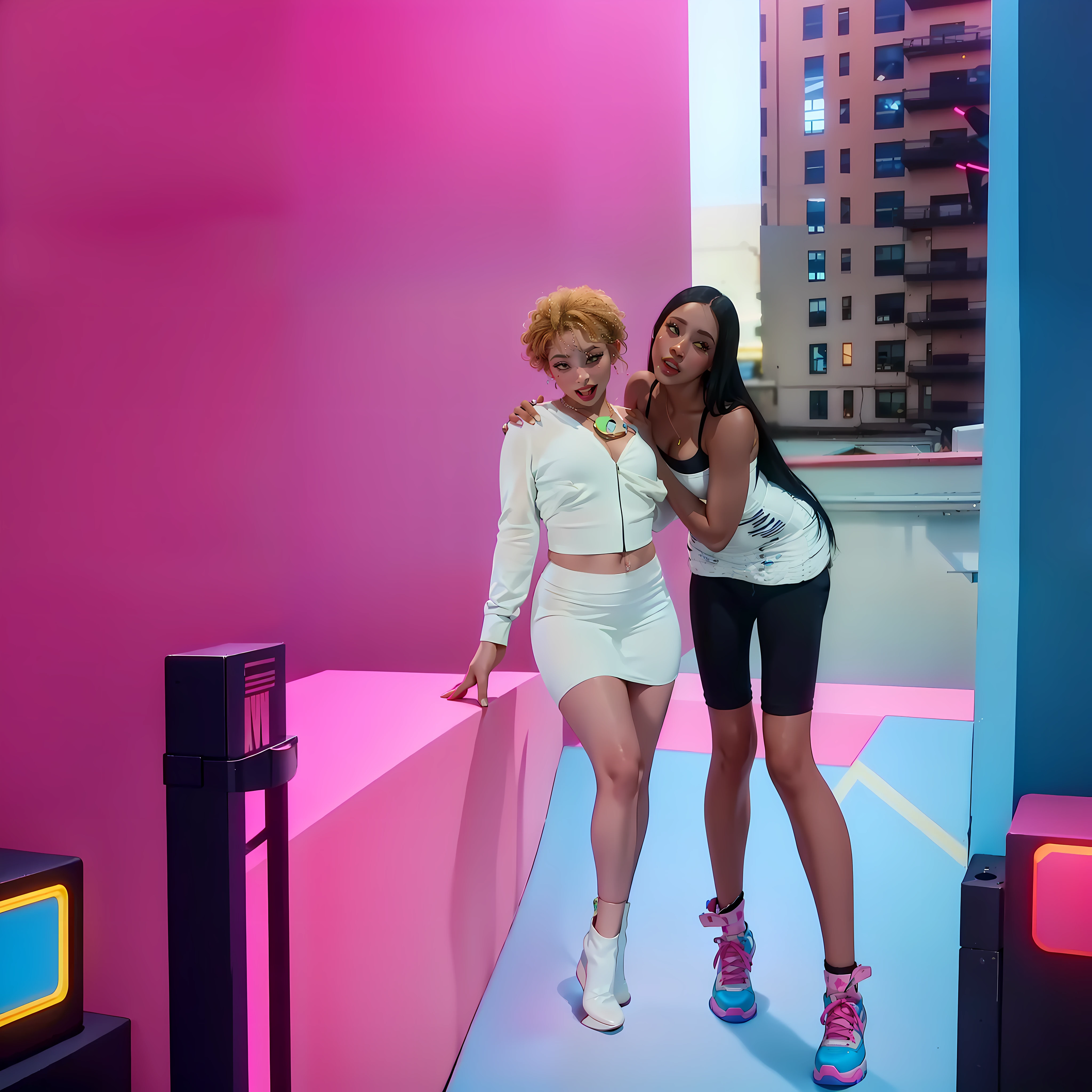 two women standing next to each other in front of a pink wall, doja cat, music video, still from a music video, official music video, doja cat as cat woman, performing a music video, her hair is white, woman holding another woman, neon jungle, bella poarch, youtube video screenshot, cardi b, light skin