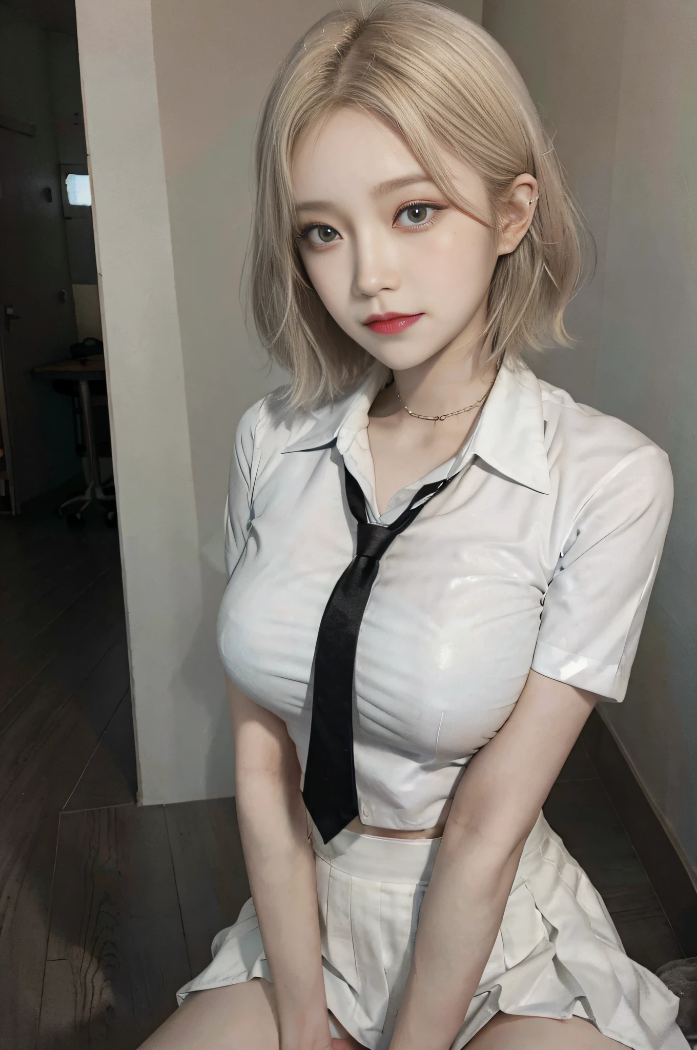 Korean school uniform, summer school uniform shirt, ribbon tie, skirt, school, school stairs, chest lifting pose, 8K RAW photo, high resolution, cool Korean at , very big round breasts, beautiful eyes in detail, long eyelashes, beautiful double eyelids, eyeshadow, eyeliner, slender eyes, elongated eye shape, Sanpaku eyes, evil smile, evil look, beautiful and very thin legs, Beautiful very thin thighs, random short hair, hair tied at the back of the head, earrings, bright blonde hair