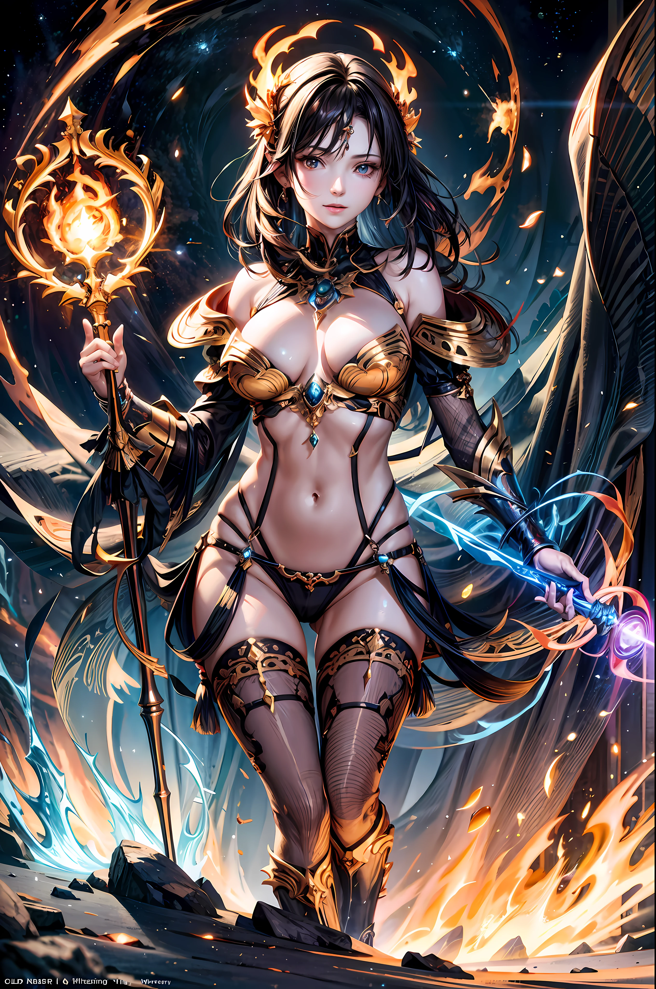 a beautiful demonic sorceress casting a fire spell,((holding a long golden majic staff )), standing and looking at viewers, various burning chains around her,(((detailed perfect face))),light smile, beautiful face, seductive body,tall body, mature body, BREAK burning aura, fire balls, orange and yellow spark dazzling around, small blue phoenix flying in the background, lava on the ground, magma, sexy body BREAK,Detailed,Realistic,4k highly detailed digital art,octane render, bioluminescent, BREAK 8K resolution concept art, realism,by Mappa studios,masterpiece,best quality,official art,illustration,ligne claire,(cool_color),perfect composition,absurdres, fantasy,focused,rule of thirds,